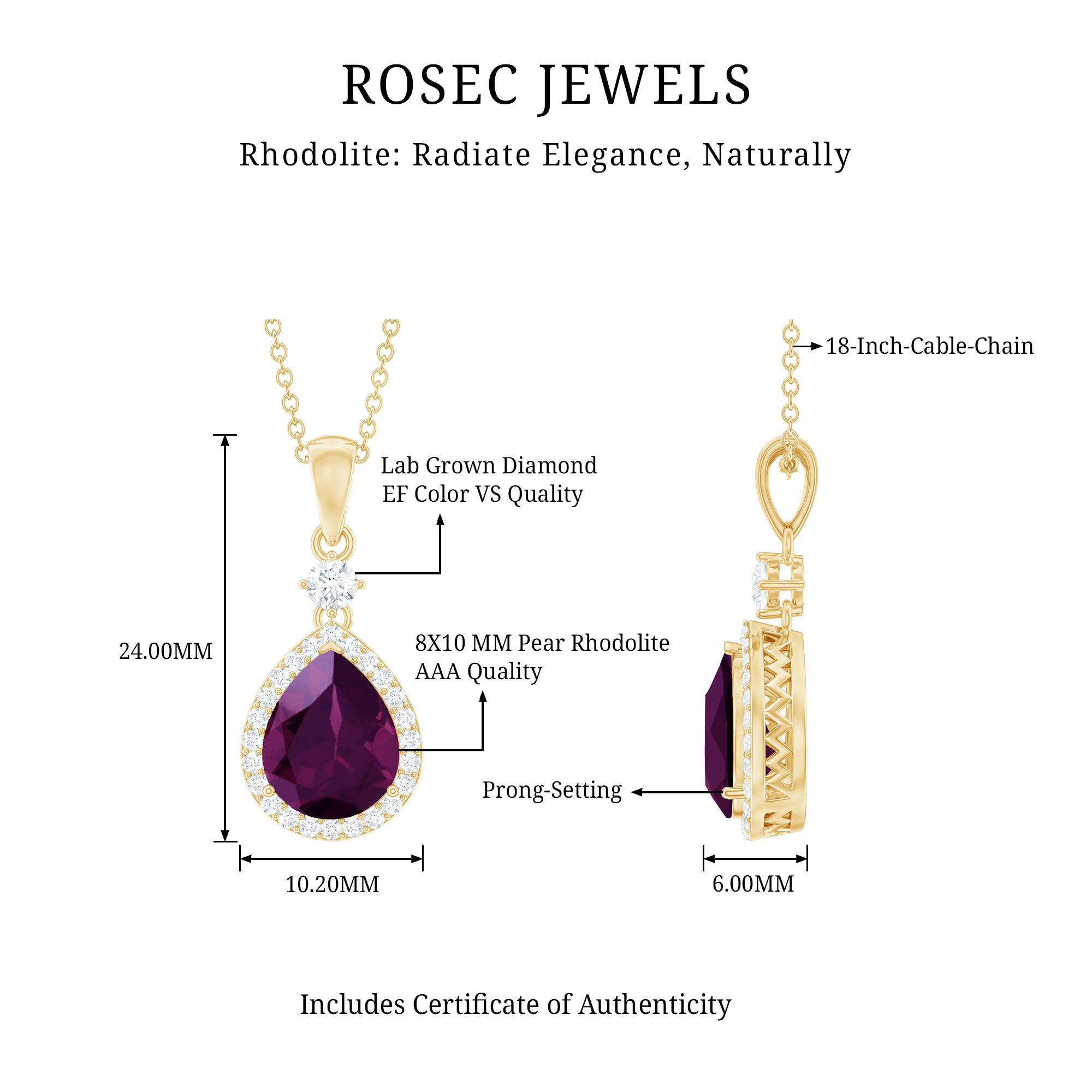 3.25 Carat Rhodolite Teardrop Necklace with Diamond Halo AAA 14K Yellow Gold Plated Silver - Rosec Jewels