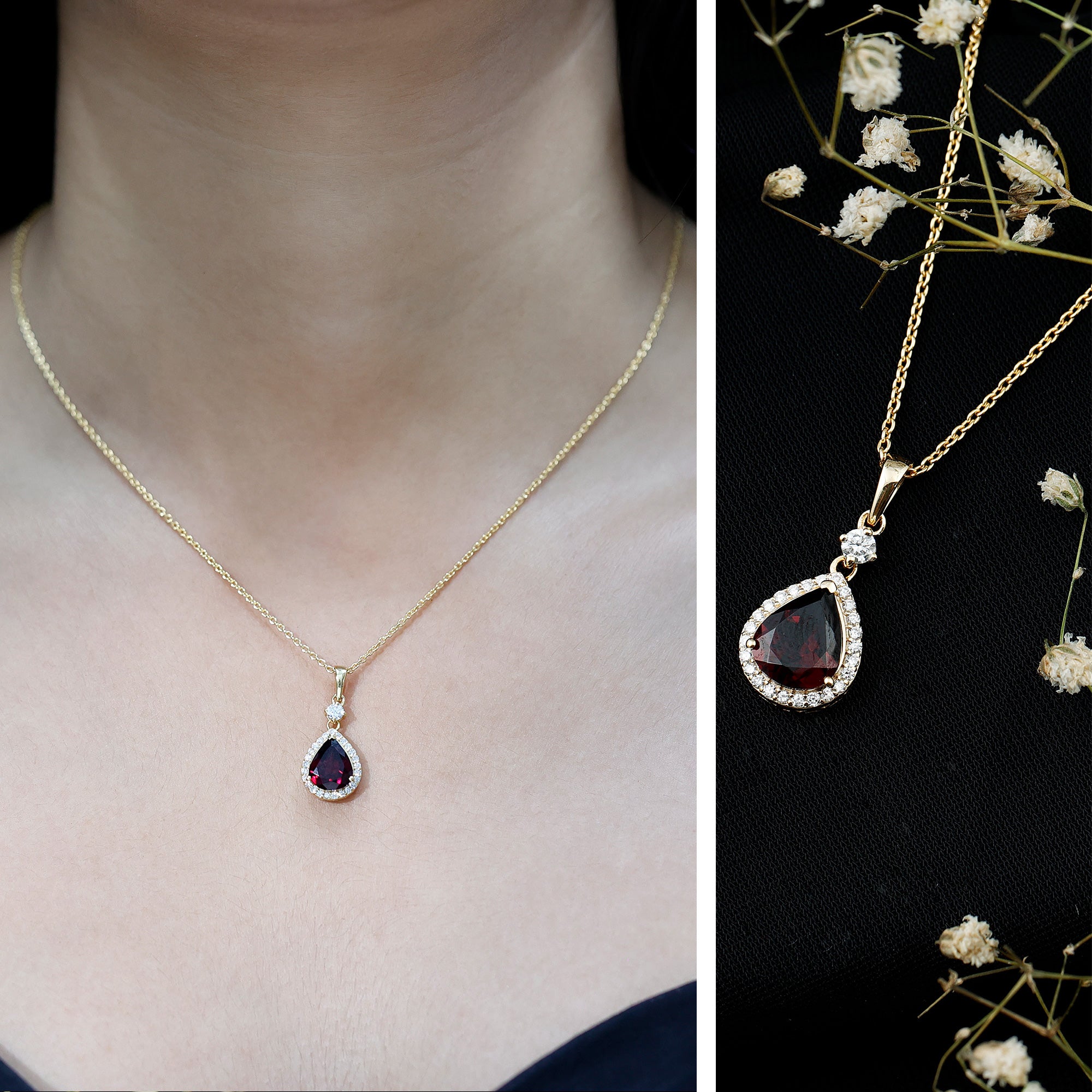 3.25 Carat Rhodolite Teardrop Necklace with Diamond Halo AAA 14K Yellow Gold Plated Silver - Rosec Jewels