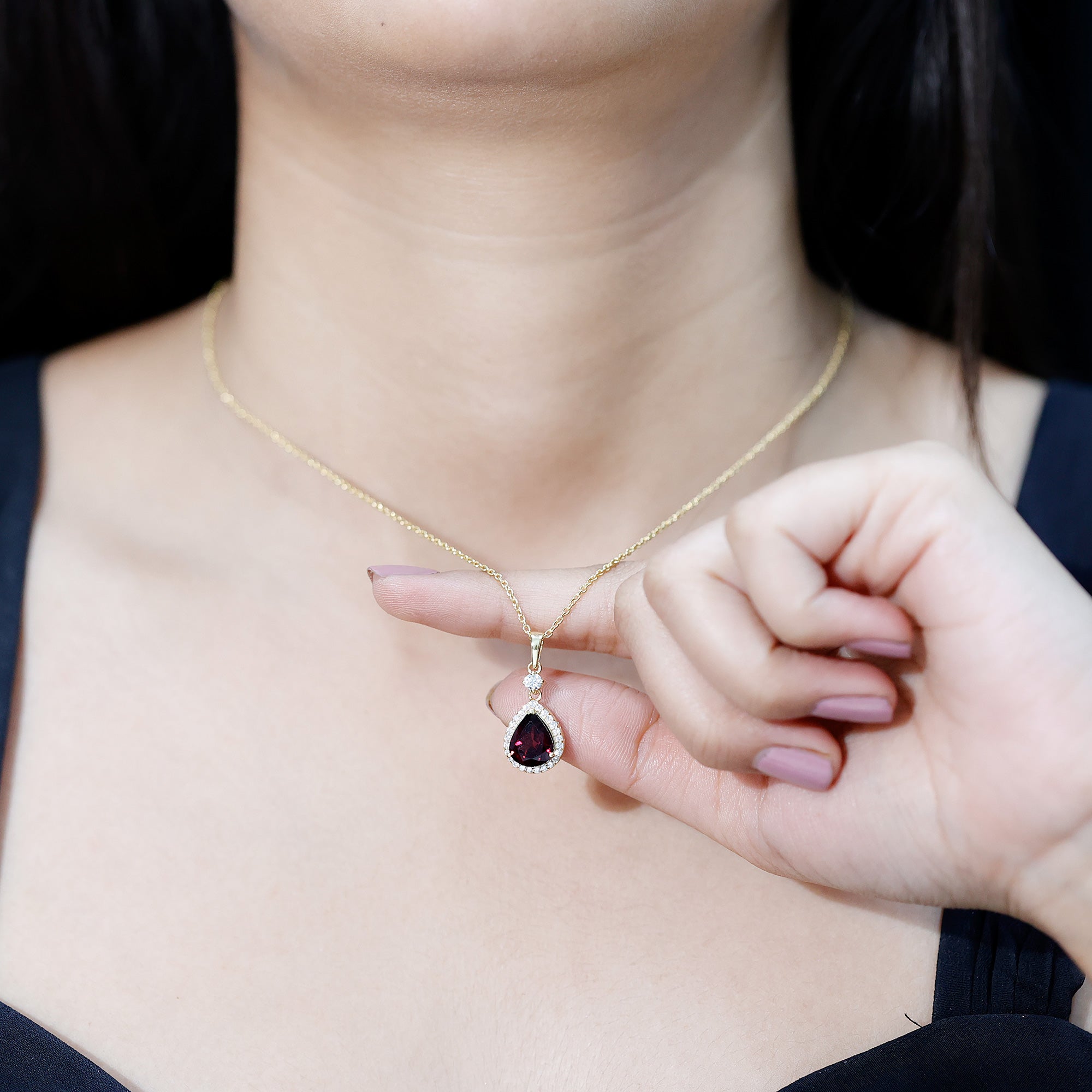3.25 Carat Rhodolite Teardrop Necklace with Diamond Halo AAA 14K Yellow Gold Plated Silver - Rosec Jewels