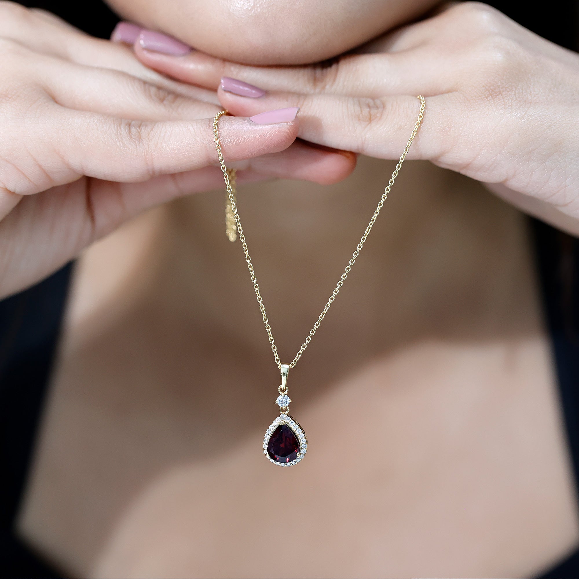 3.25 Carat Rhodolite Teardrop Necklace with Diamond Halo AAA 14K Yellow Gold Plated Silver - Rosec Jewels