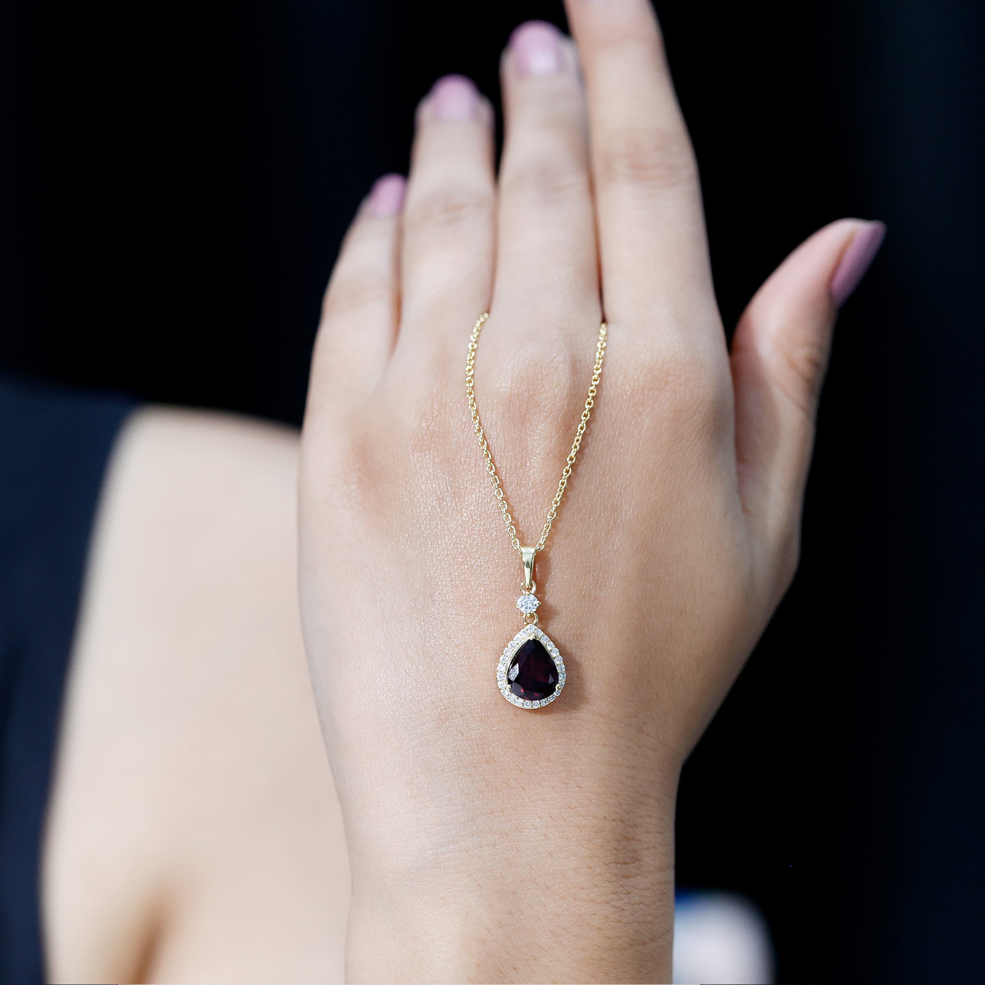 3.25 Carat Rhodolite Teardrop Necklace with Diamond Halo AAA 14K Yellow Gold Plated Silver - Rosec Jewels