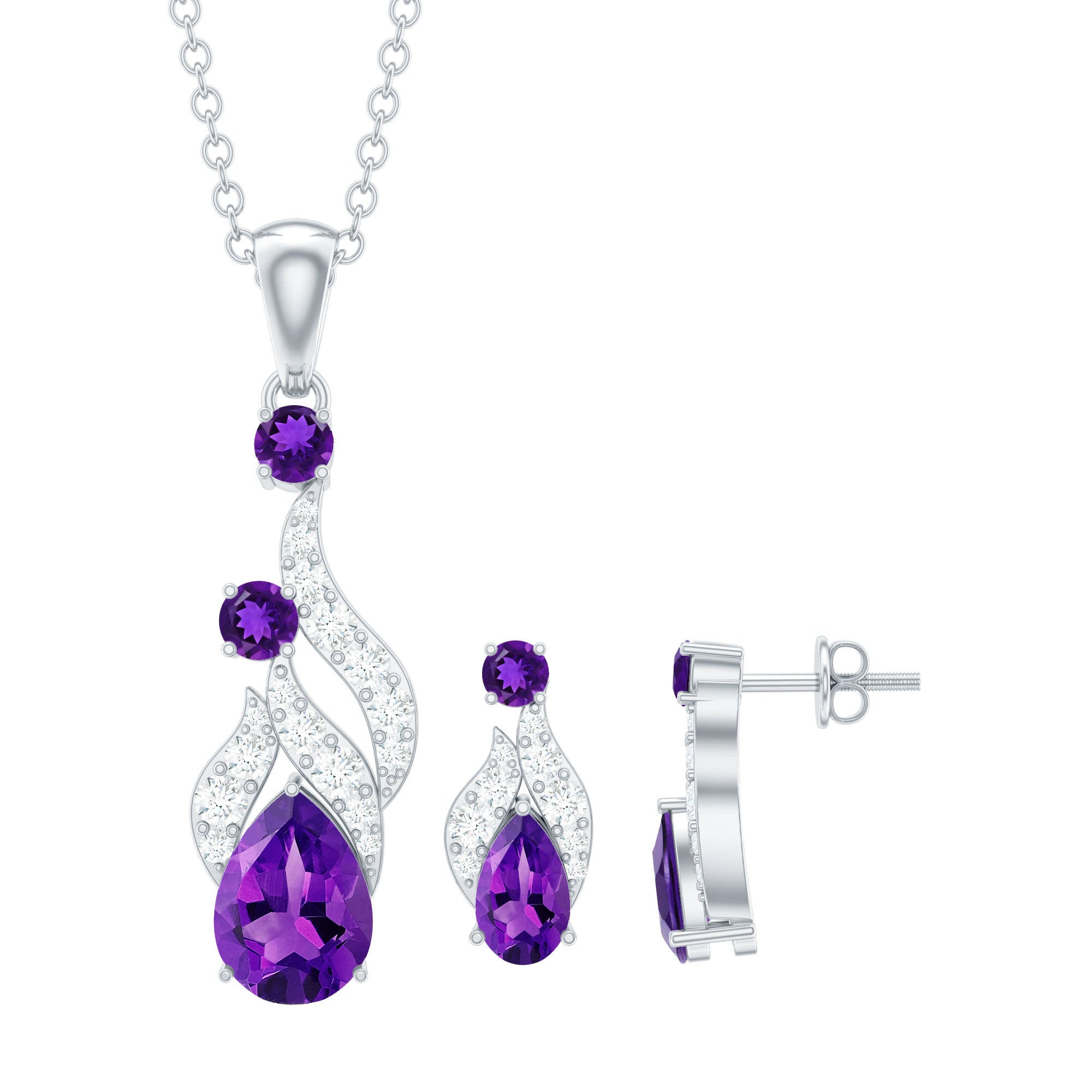 Real Amethyst and Diamond Bridal Dangle Necklace Earrings Set