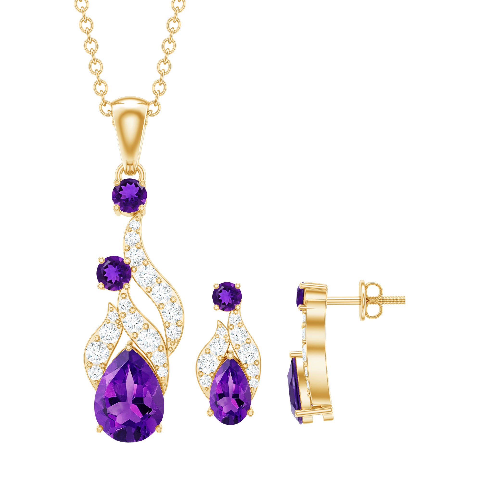 Real Amethyst and Diamond Bridal Dangle Necklace Earrings Set AAA - Rosec Jewels