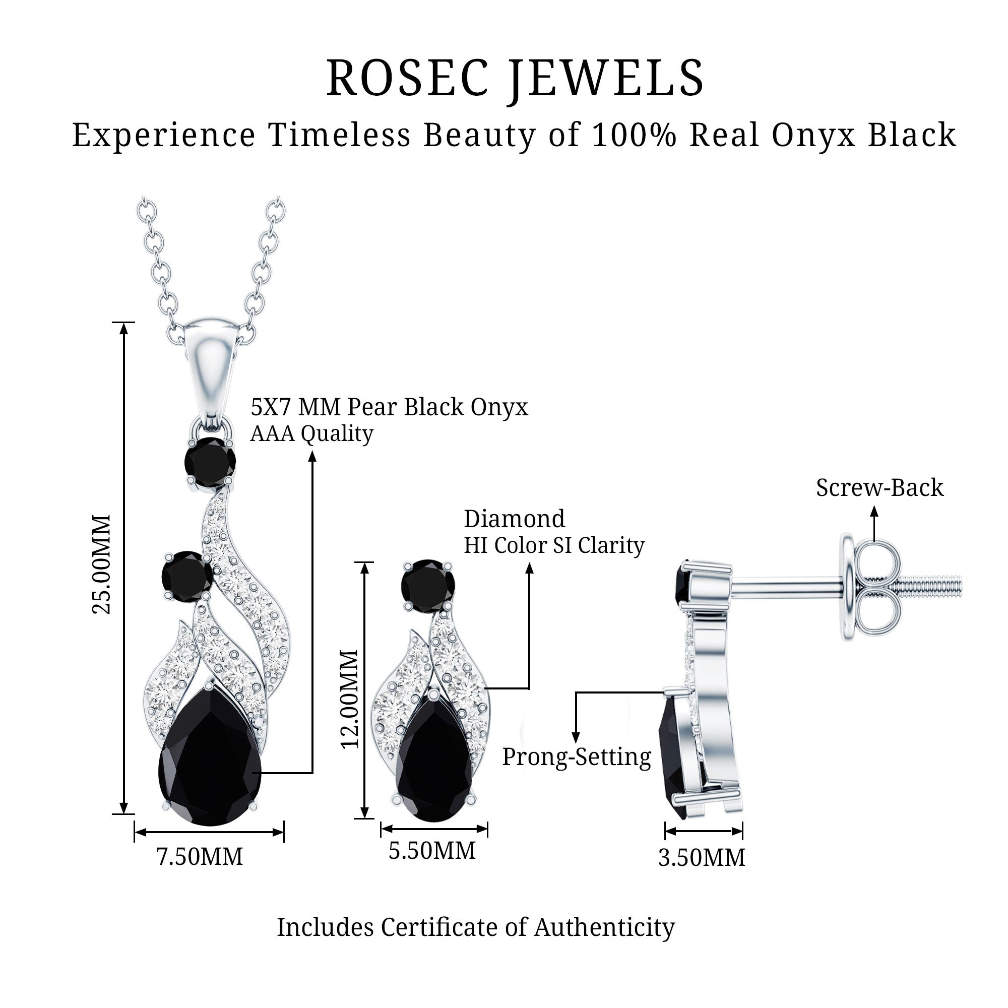 Natural Black Onyx Drop Pendant and Earrings Set with Diamond AAA - Rosec Jewels