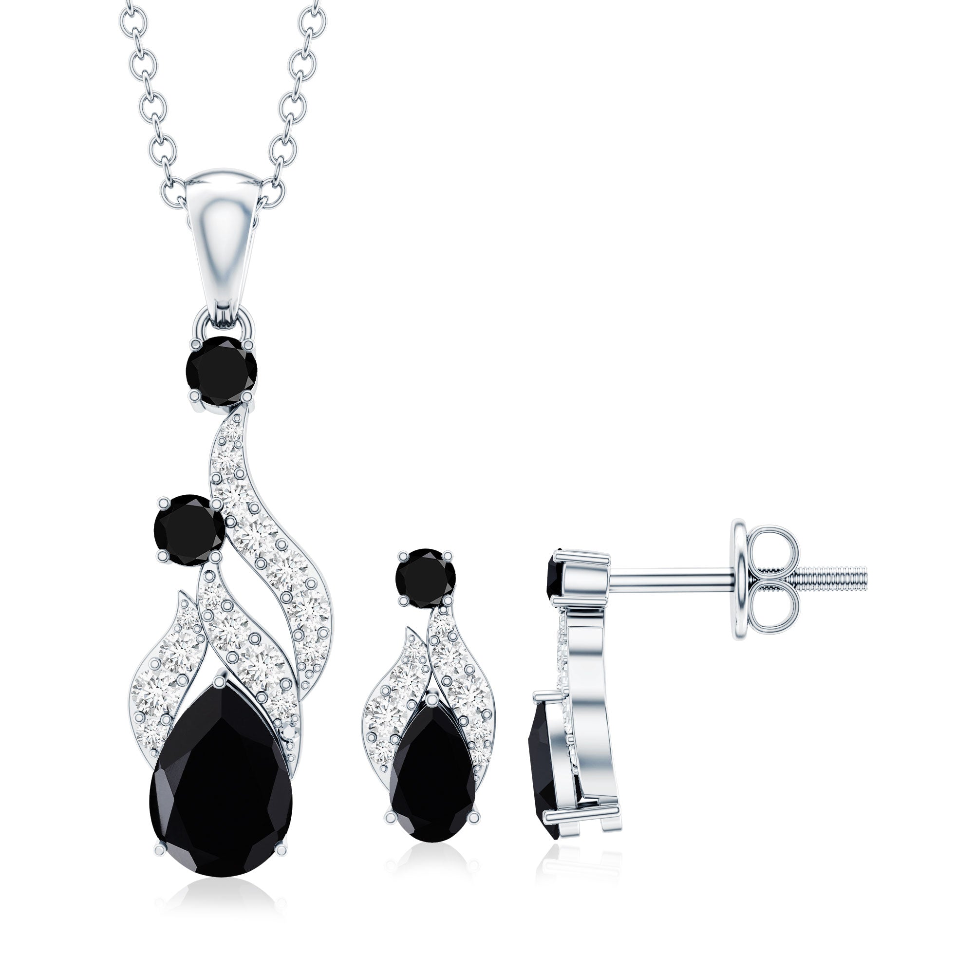 Natural Black Onyx Drop Pendant and Earrings Set with Diamond AAA - Rosec Jewels
