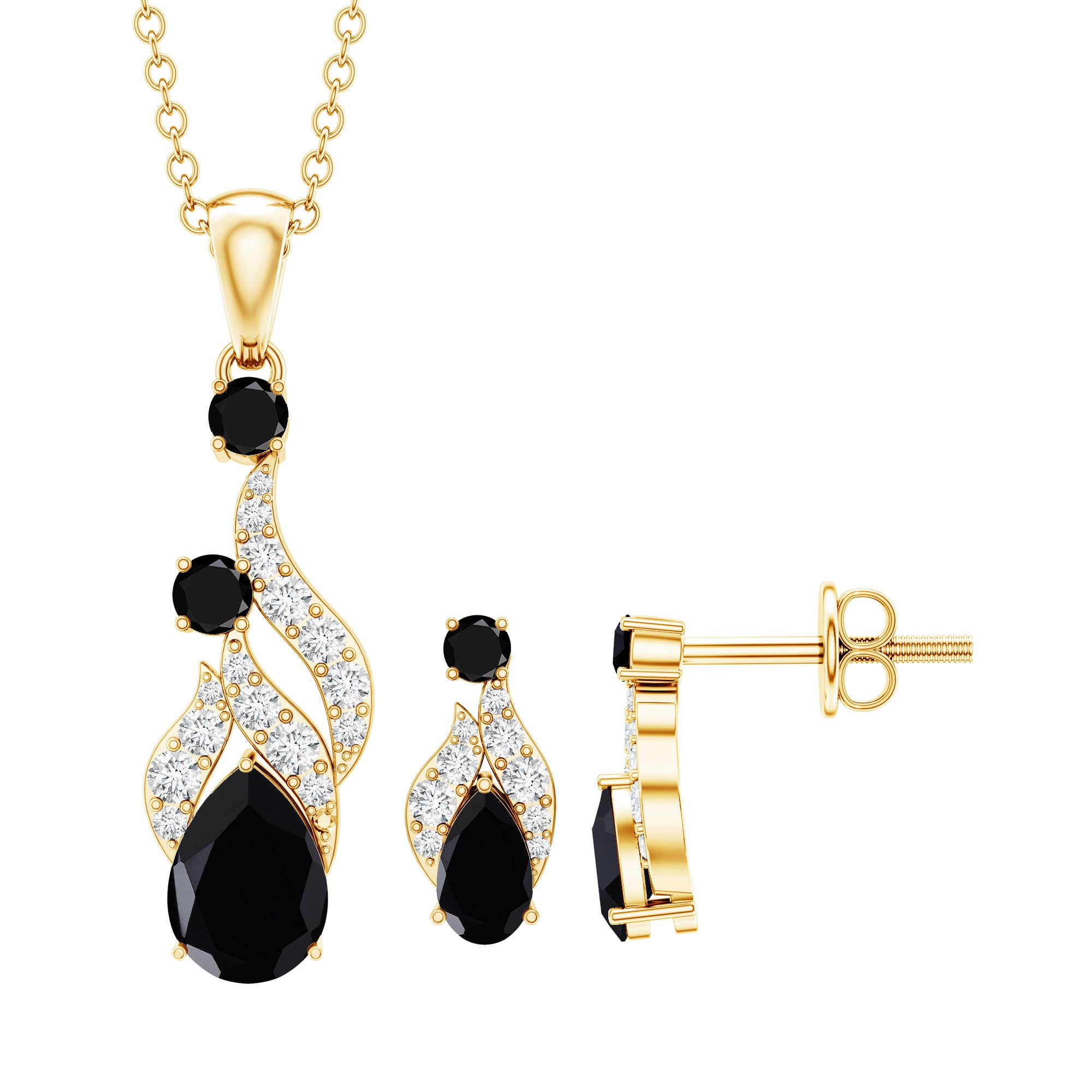 Natural Black Onyx Drop Pendant and Earrings Set with Diamond AAA - Rosec Jewels