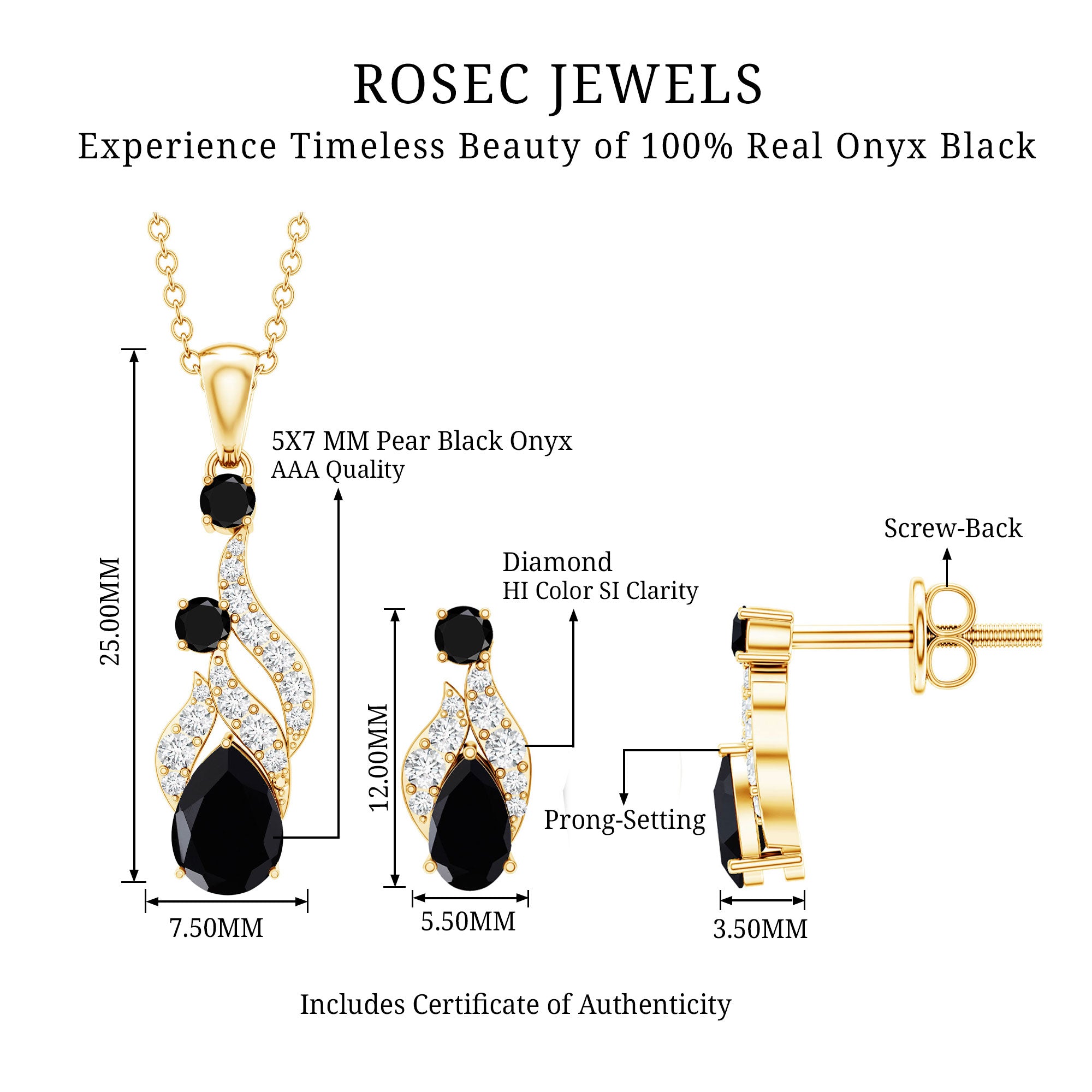 Natural Black Onyx Drop Pendant and Earrings Set with Diamond AAA - Rosec Jewels