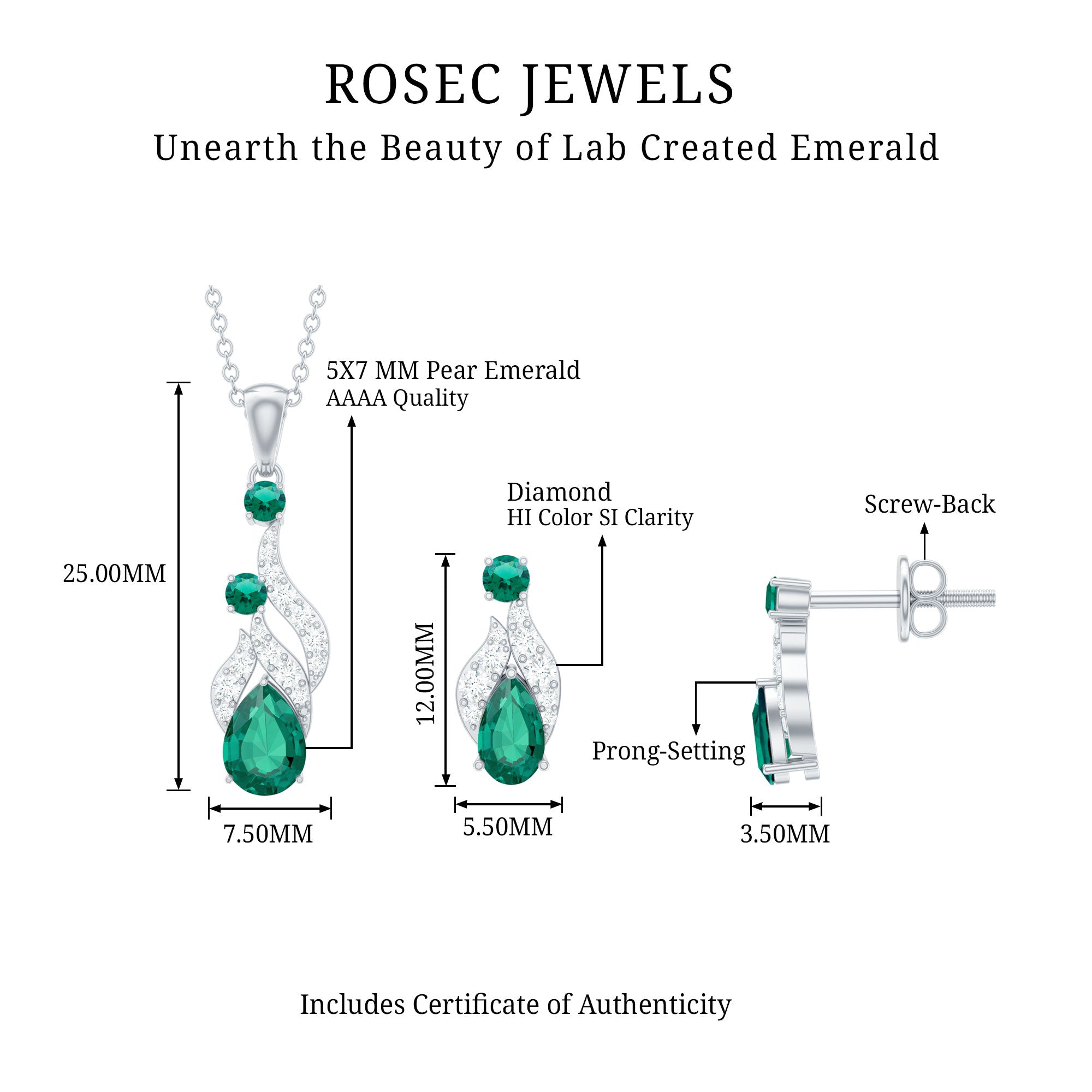 Lab Created Emerald and Diamond Designer Jewelry Set AAAA - Rosec Jewels
