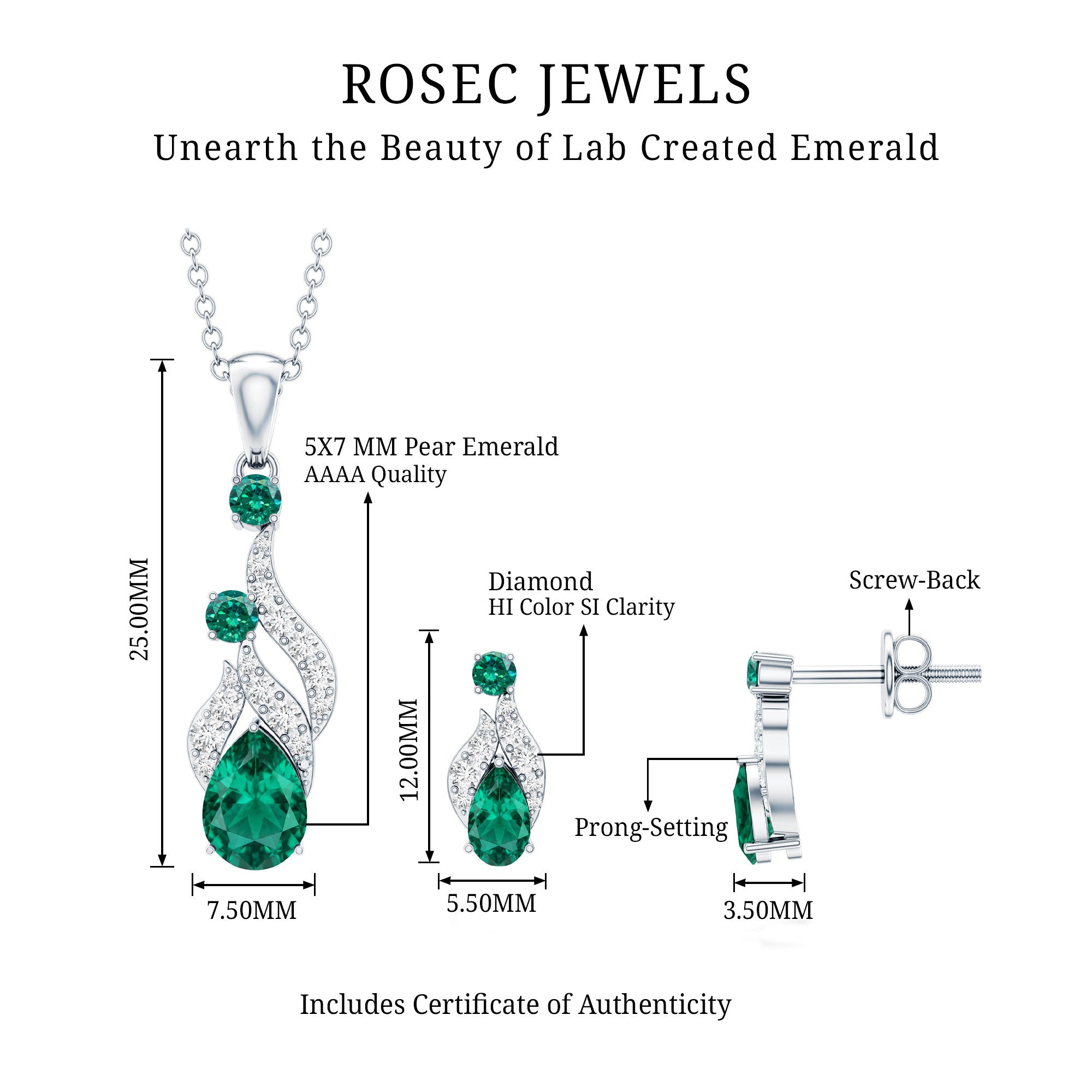Lab Created Emerald and Diamond Designer Jewelry Set AAAA - Rosec Jewels
