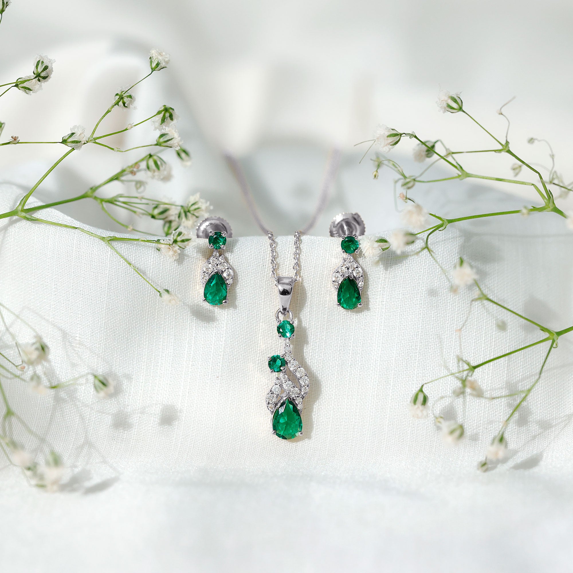 Lab Created Emerald and Diamond Designer Jewelry Set AAAA - Rosec Jewels