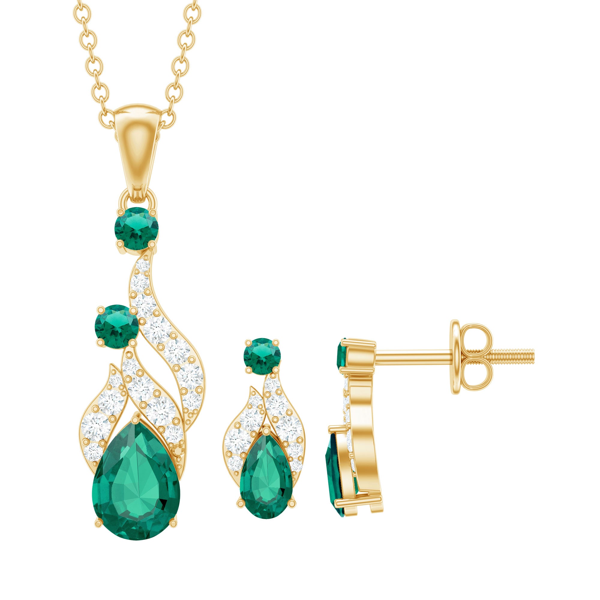 Lab Created Emerald and Diamond Designer Jewelry Set AAAA - Rosec Jewels