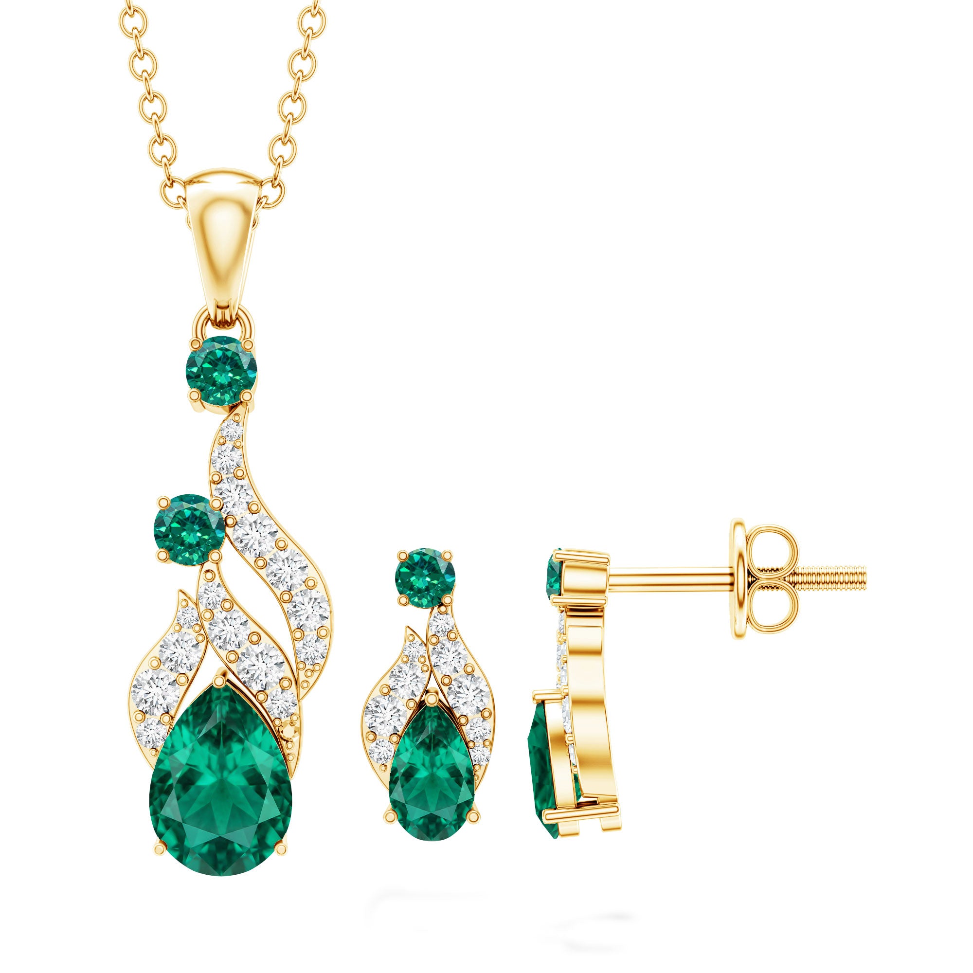 Lab Created Emerald and Diamond Designer Jewelry Set AAAA - Rosec Jewels