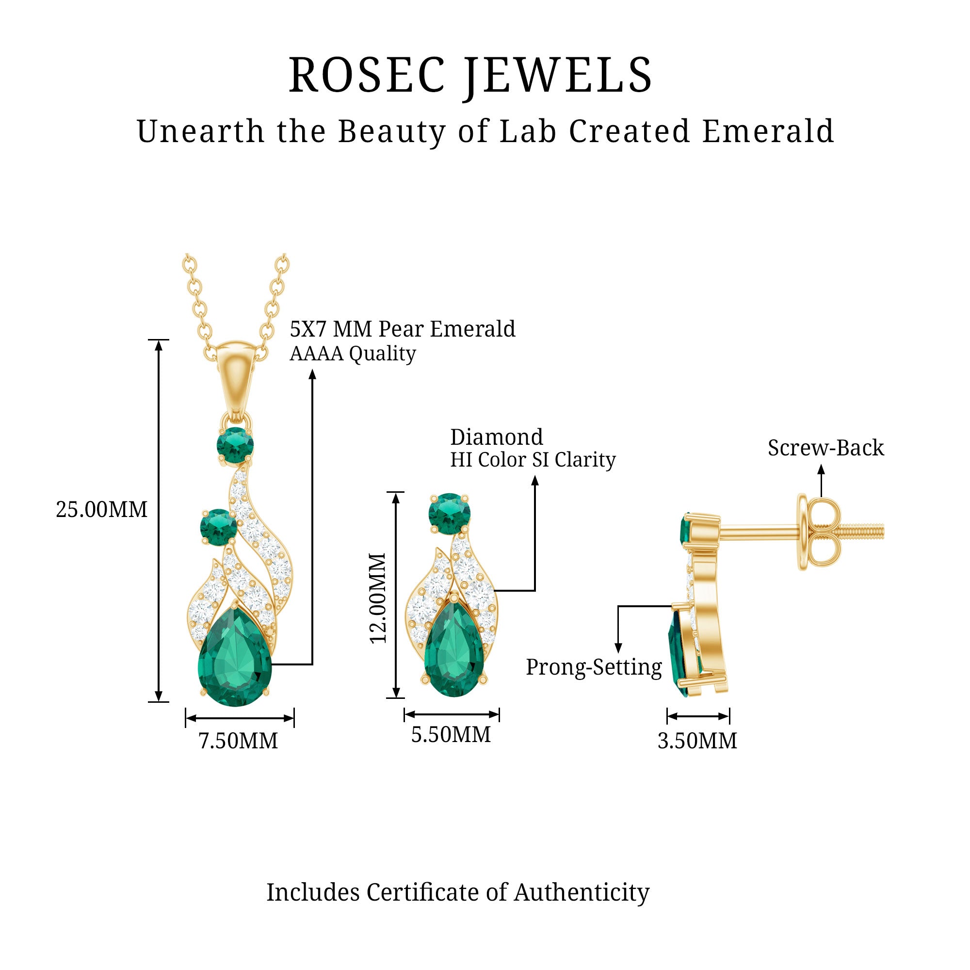 Lab Created Emerald and Diamond Designer Jewelry Set AAAA - Rosec Jewels