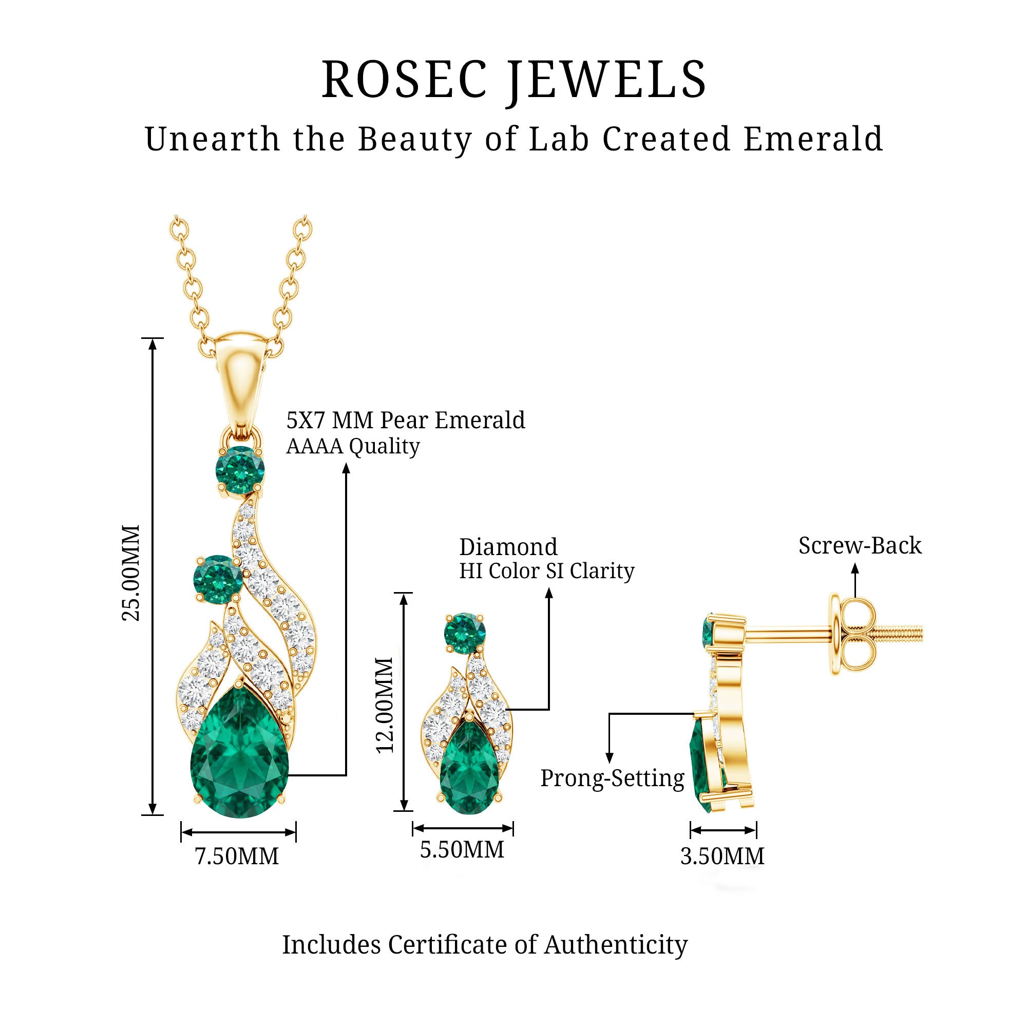 Lab Created Emerald and Diamond Designer Jewelry Set AAAA - Rosec Jewels