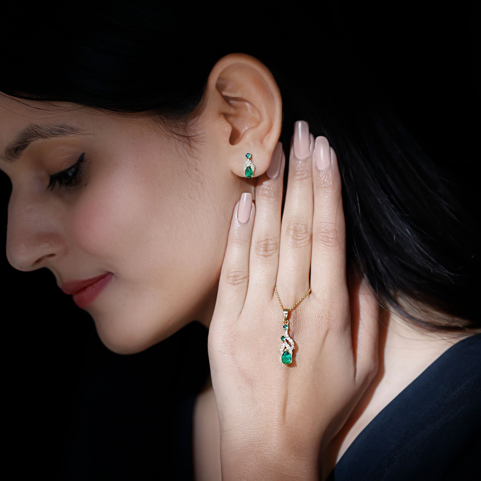 Lab Created Emerald and Diamond Designer Jewelry Set AAAA - Rosec Jewels