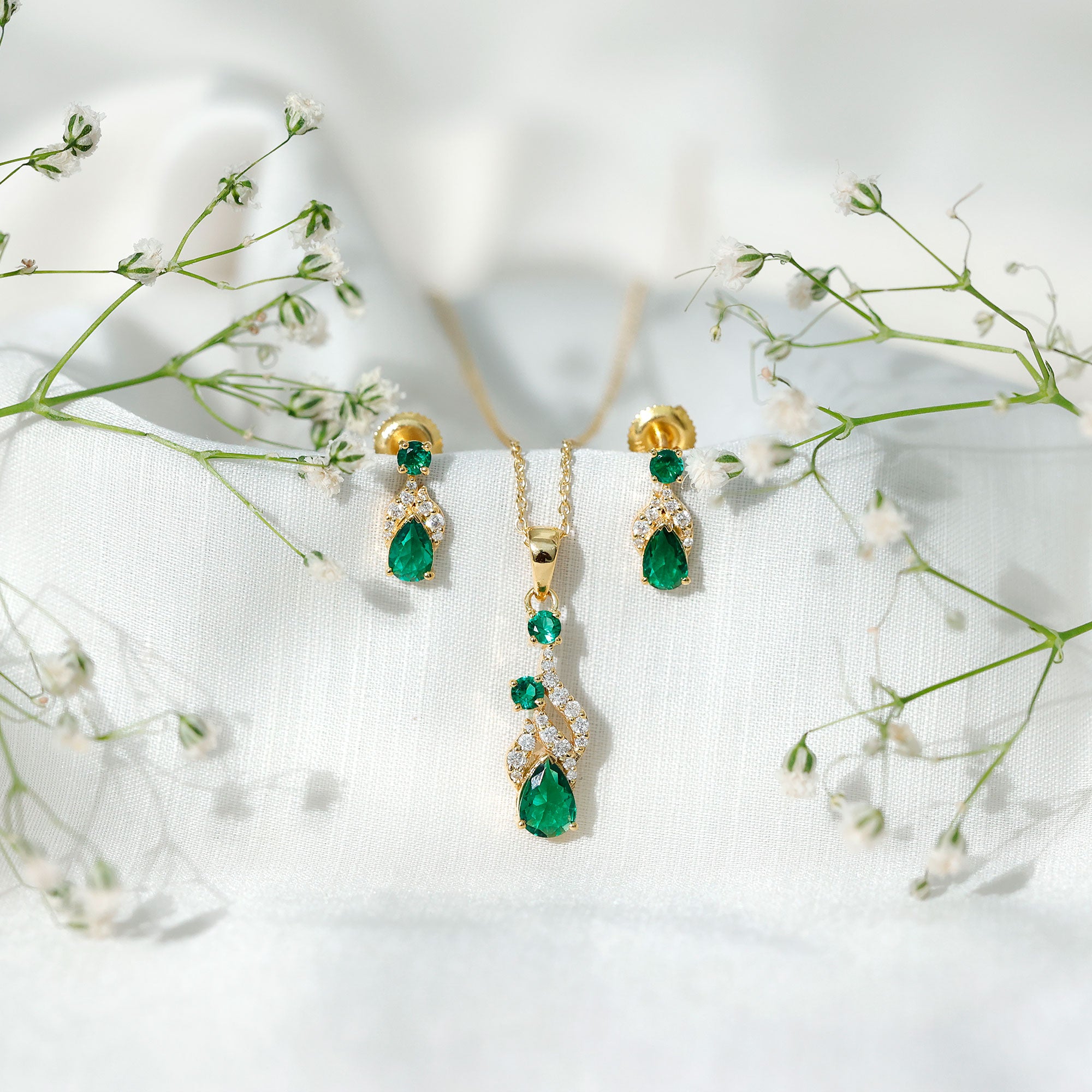 Lab Created Emerald and Diamond Designer Jewelry Set AAAA - Rosec Jewels