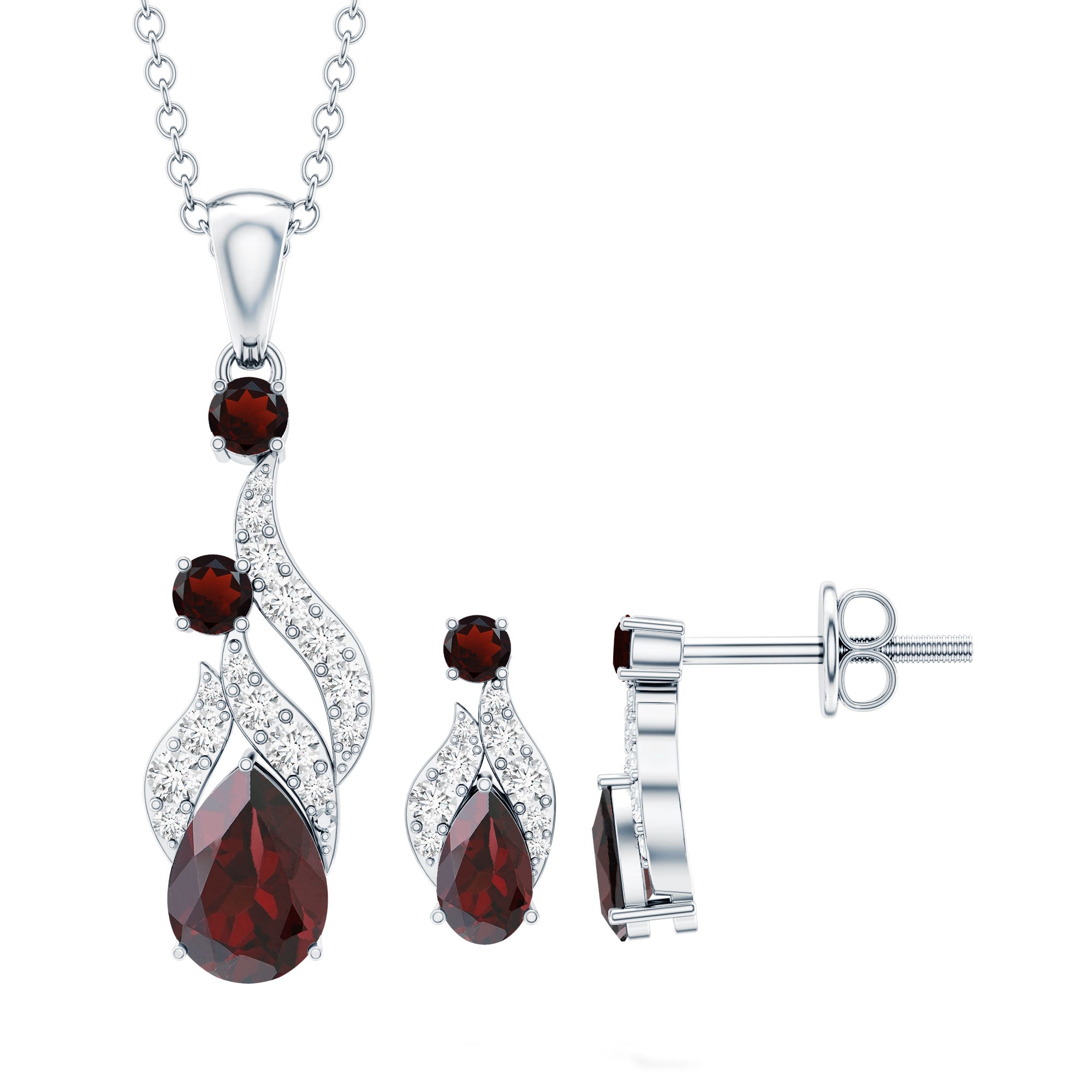 Garnet and Diamond Bridal Dangle Pendant and Earrings Set AAA - Rosec Jewels