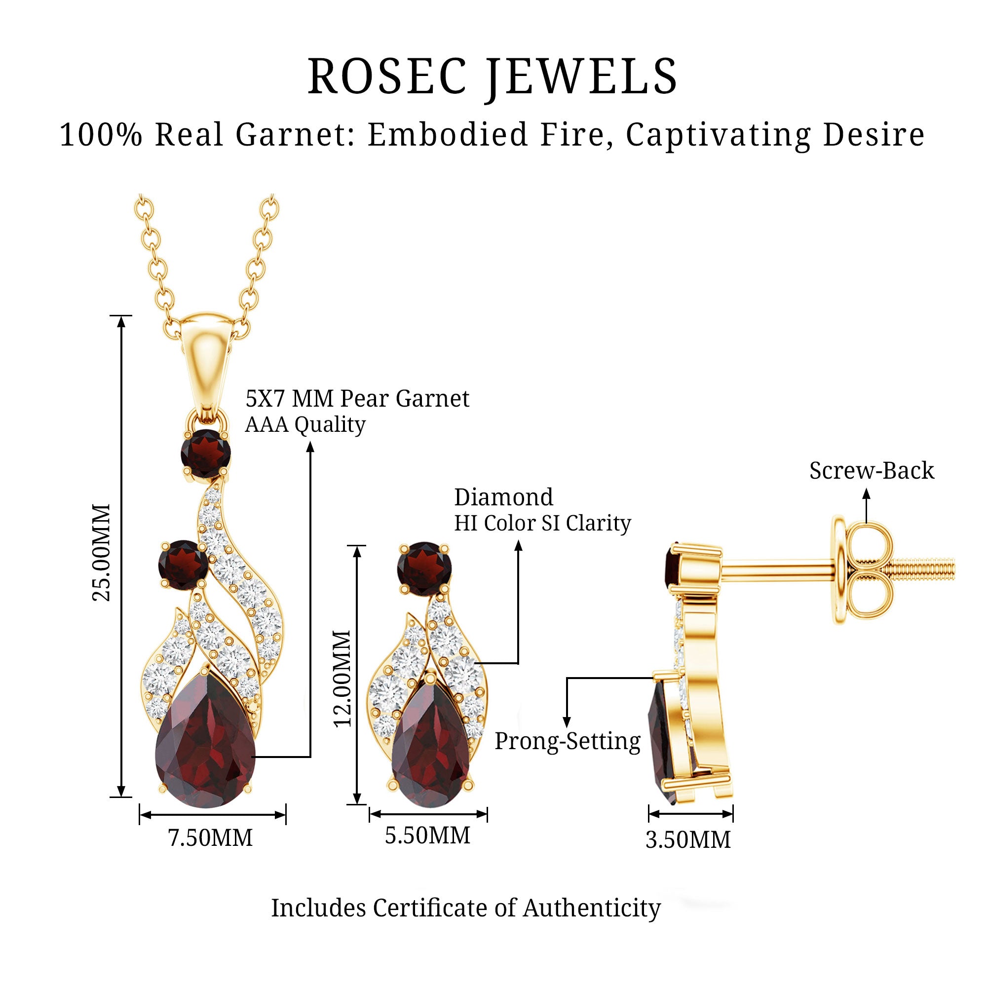 Garnet and Diamond Bridal Dangle Pendant and Earrings Set AAA - Rosec Jewels