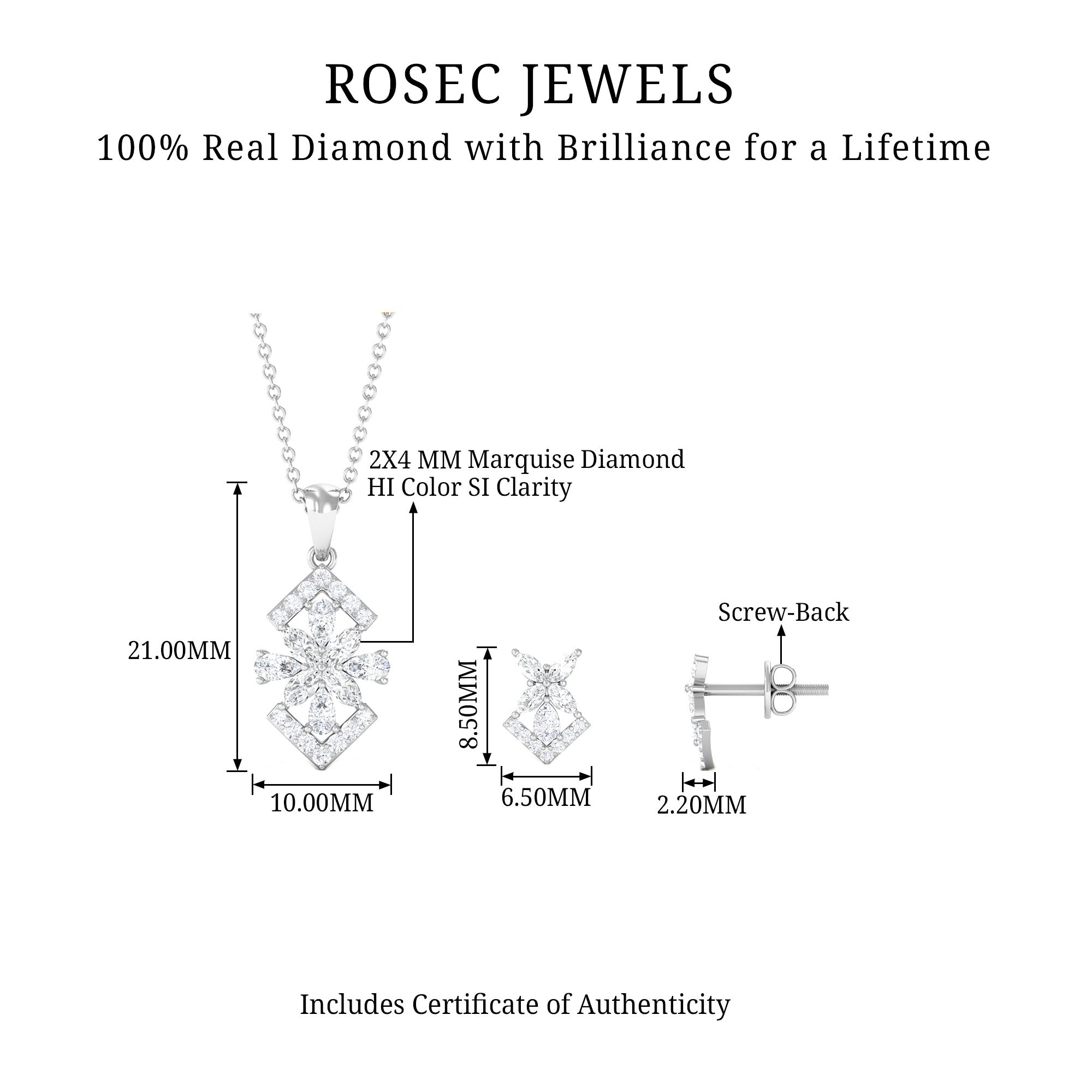 Genuine Diamond Flower Necklace and Earrings Set with Certificate Natural - ( HI-SI ) - Rosec Jewels