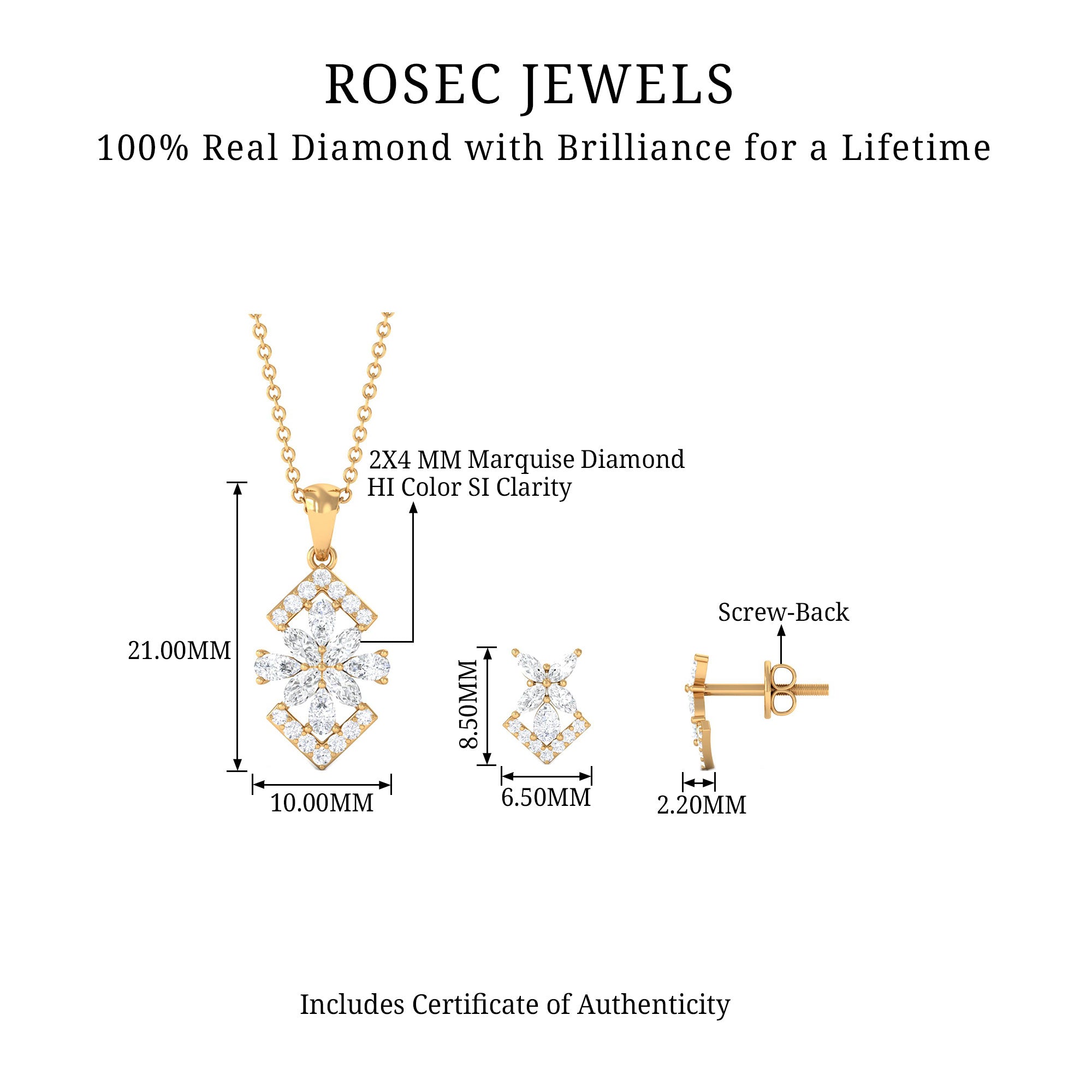 Genuine Diamond Flower Necklace and Earrings Set with Certificate Natural - ( HI-SI ) - Rosec Jewels