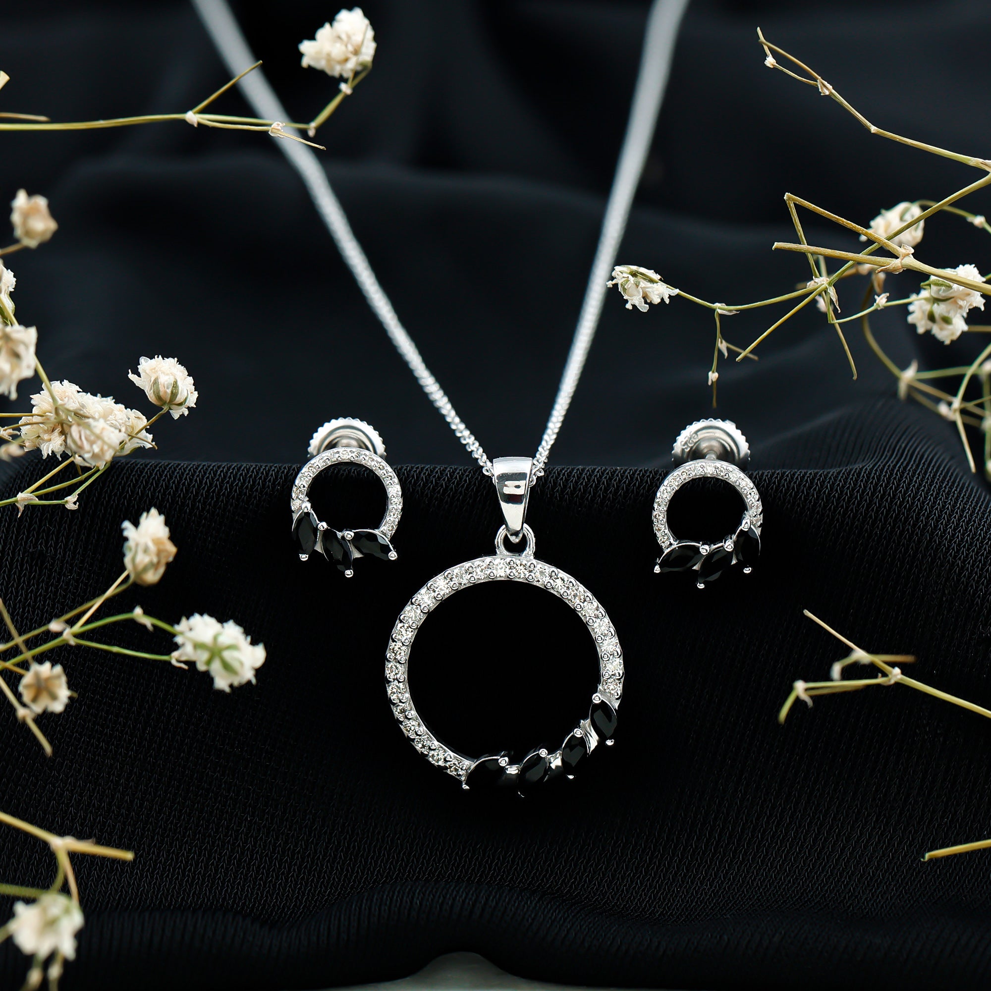 Marquise Cut Black Onyx and Diamond Eternity Jewelry Set AAA - Rosec Jewels