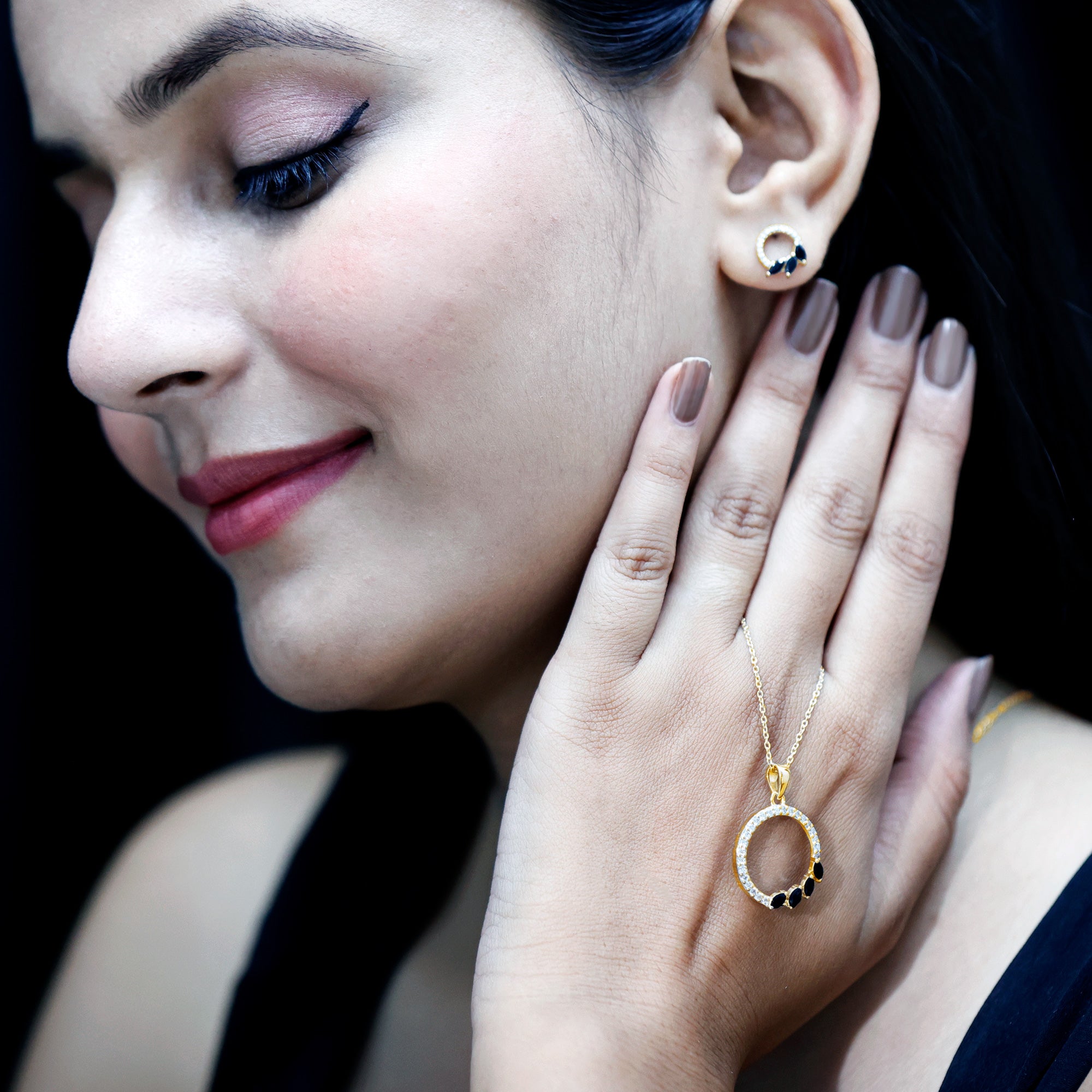 Marquise Cut Black Onyx and Diamond Eternity Jewelry Set AAA - Rosec Jewels