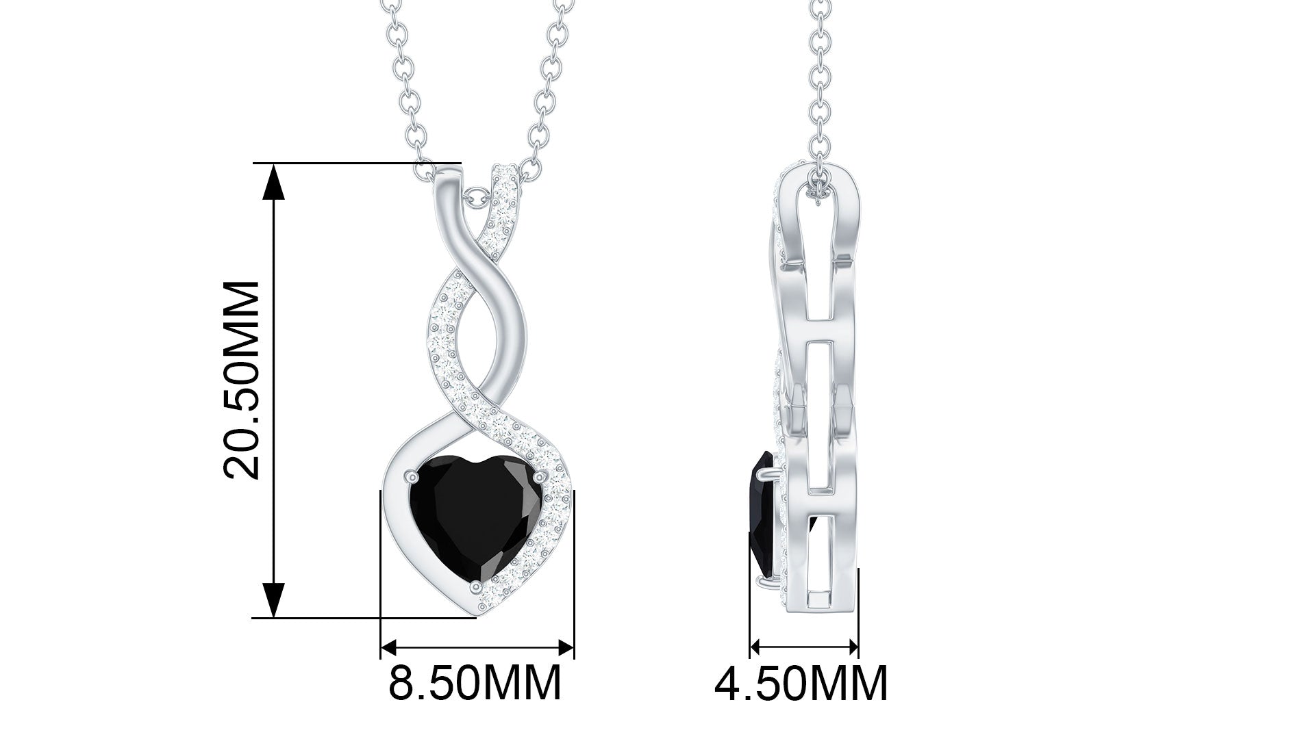 2 Carat Black Onyx Infinity Heart Pendant with Diamond AAA - Rosec Jewels