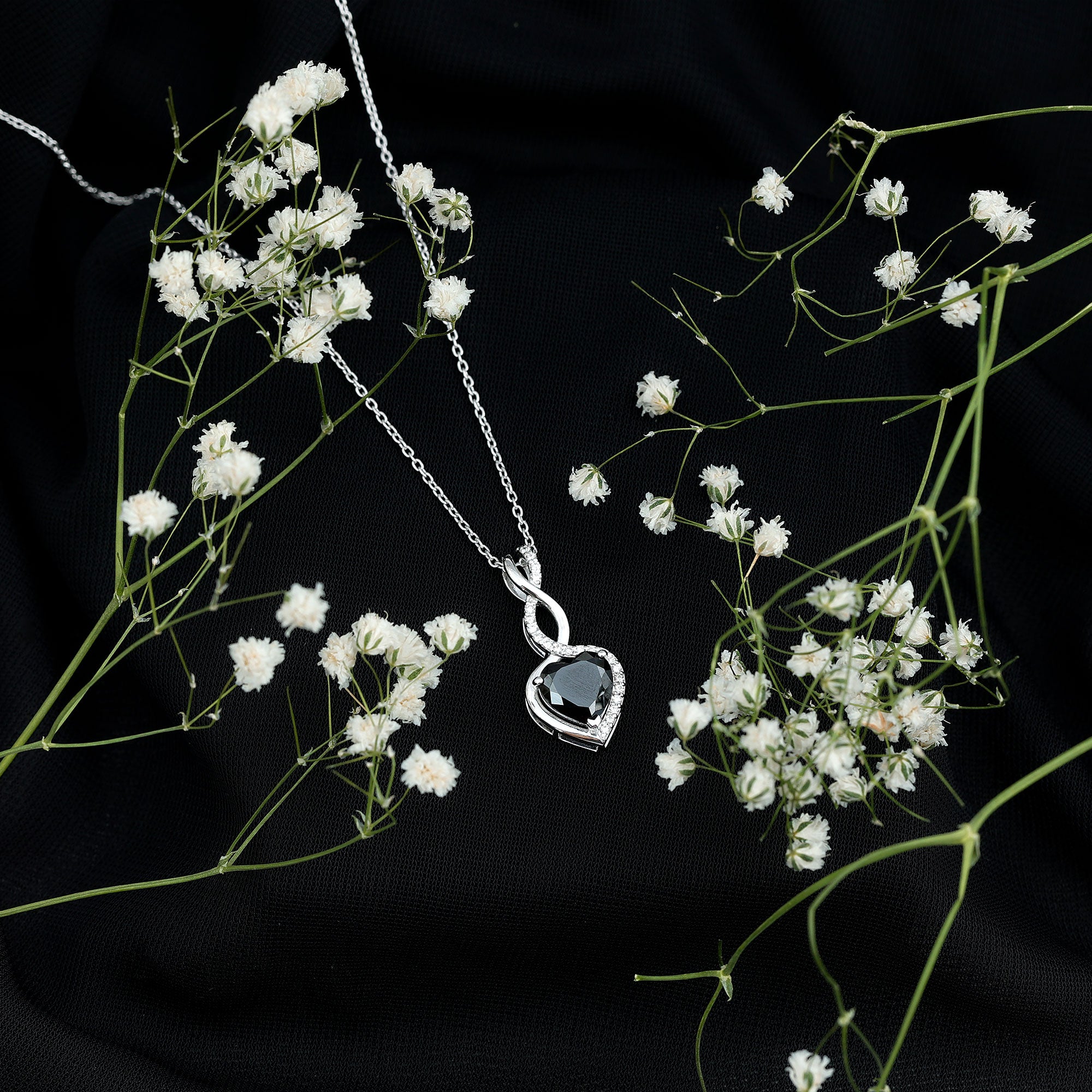 2 Carat Black Onyx Infinity Heart Pendant with Diamond AAA - Rosec Jewels
