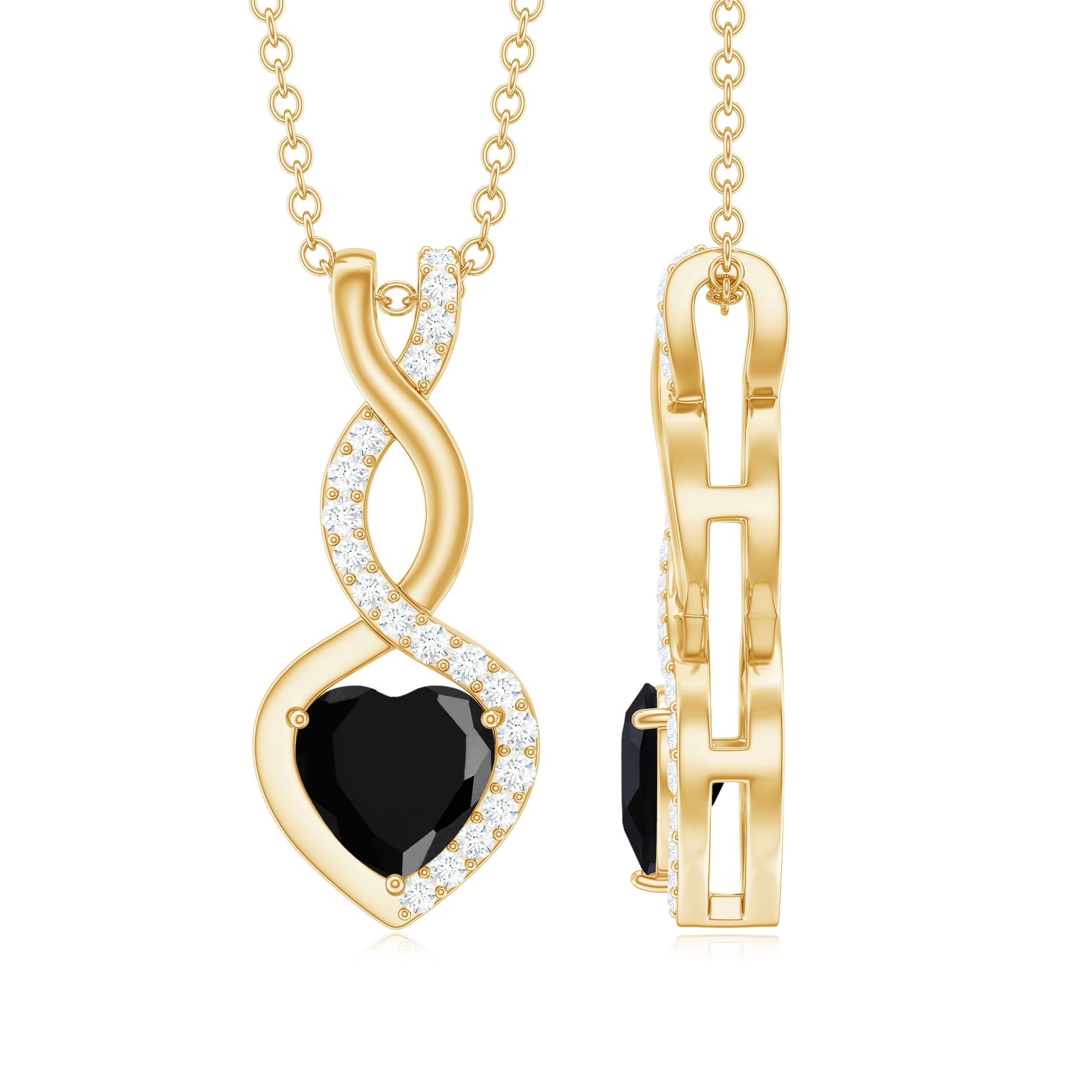 2 Carat Black Onyx Infinity Heart Pendant with Diamond AAA - Rosec Jewels