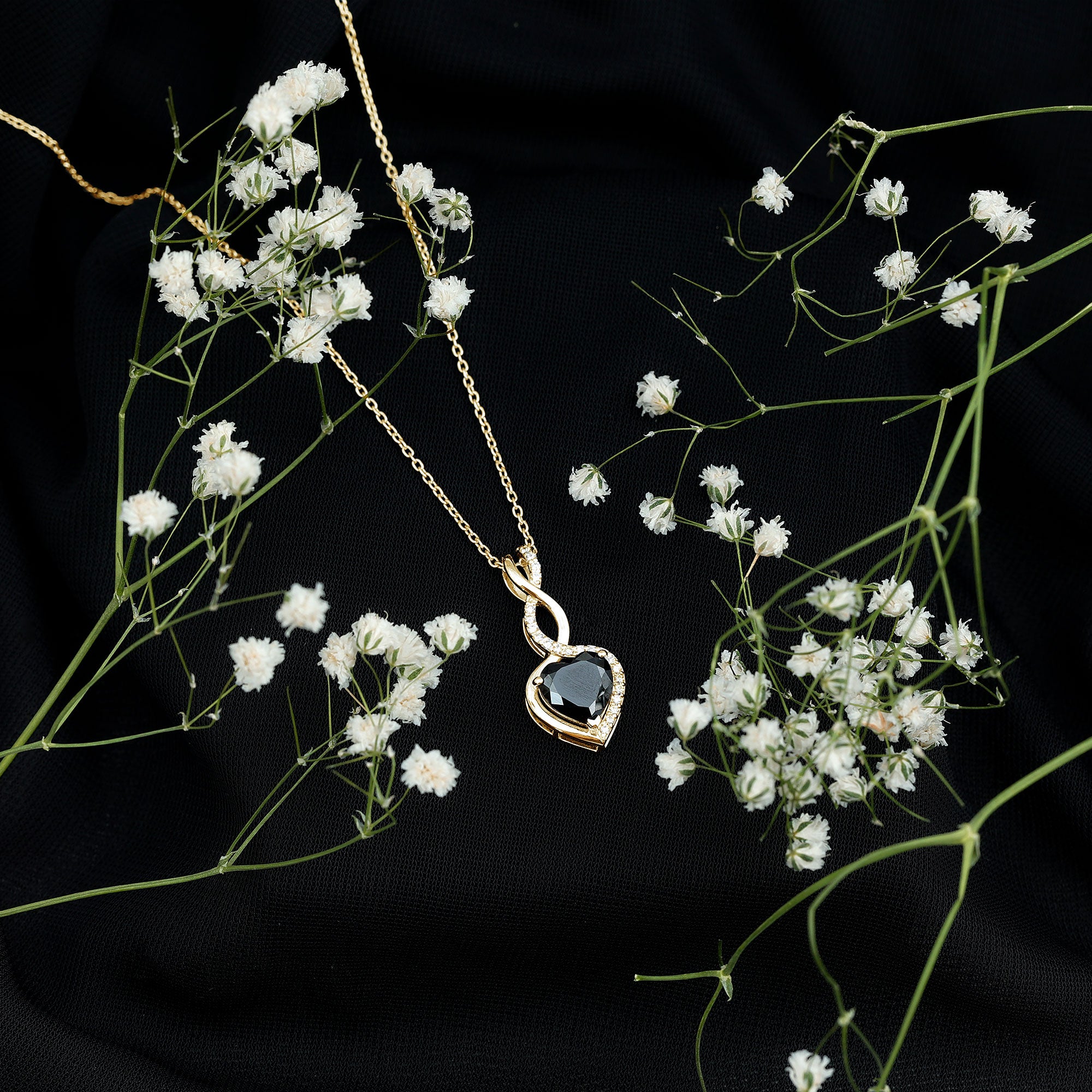2 Carat Black Onyx Infinity Heart Pendant with Diamond AAA - Rosec Jewels