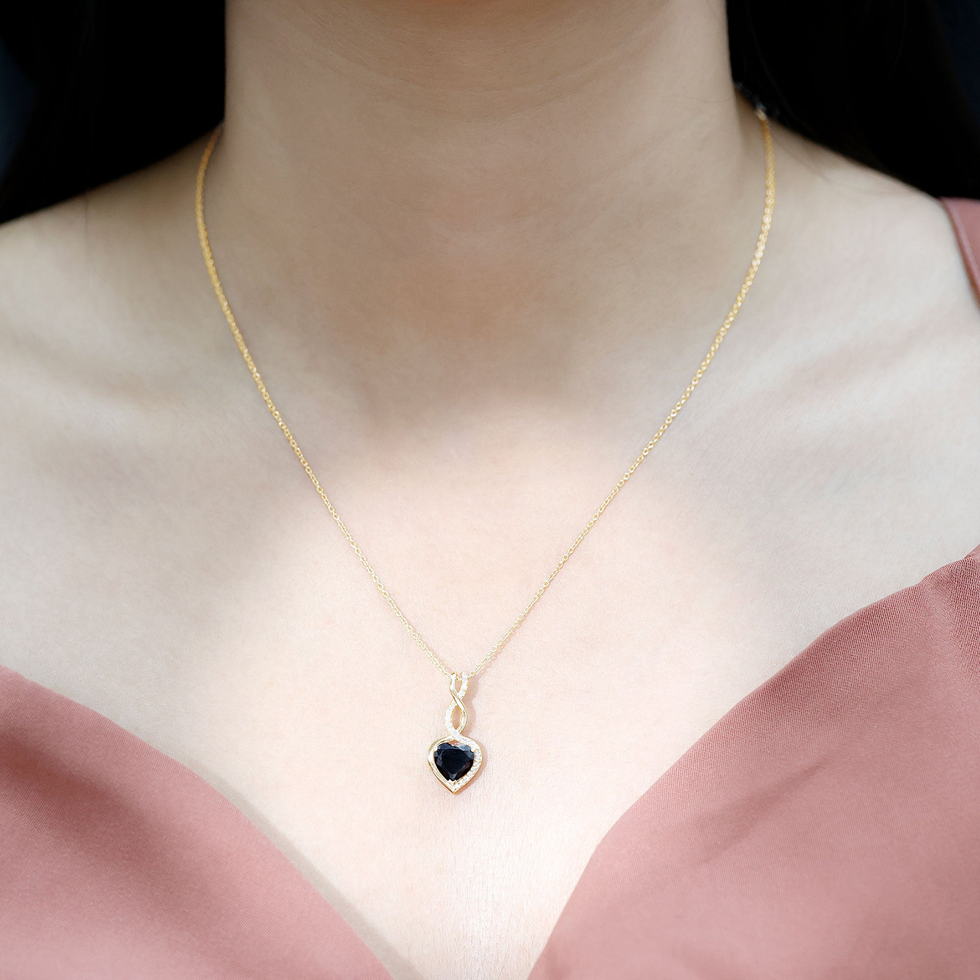 2 Carat Black Onyx Infinity Heart Pendant with Diamond AAA - Rosec Jewels