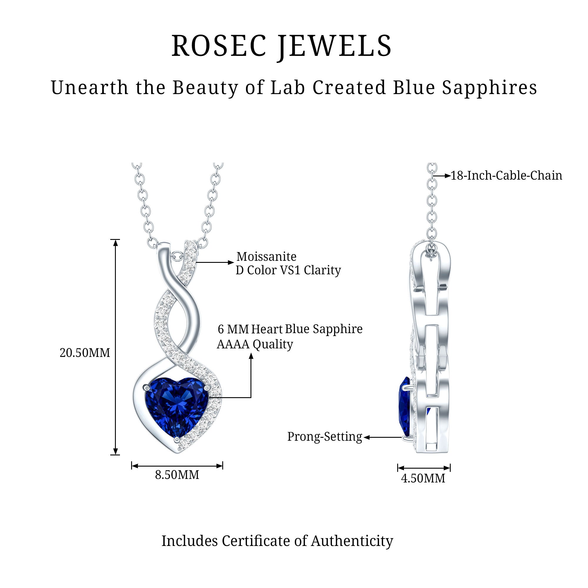 Lab Grown Blue Sapphire and Moissanite Infinity Heart Necklace with Chain AAAA 92.5 Sterling Silver - Rosec Jewels