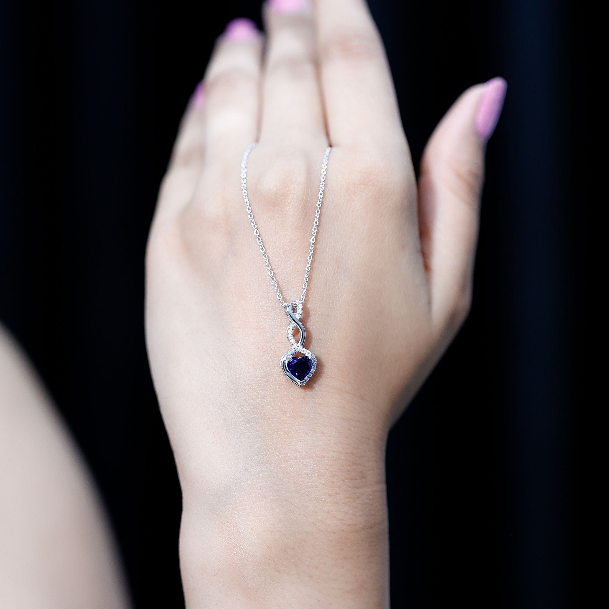 Lab Grown Blue Sapphire and Moissanite Infinity Heart Necklace with Chain AAAA 92.5 Sterling Silver - Rosec Jewels