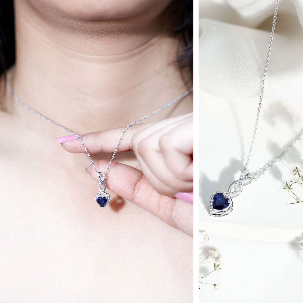 Lab Grown Blue Sapphire and Moissanite Infinity Heart Necklace with Chain AAAA 92.5 Sterling Silver - Rosec Jewels