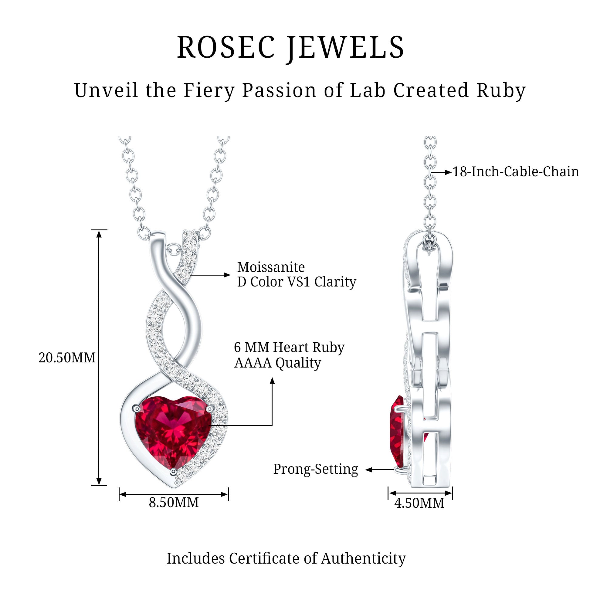 1 Carat Lab Grown Ruby Heart and Infinity Necklace with Silver Chain AAAA 92.5 Sterling Silver - Rosec Jewels