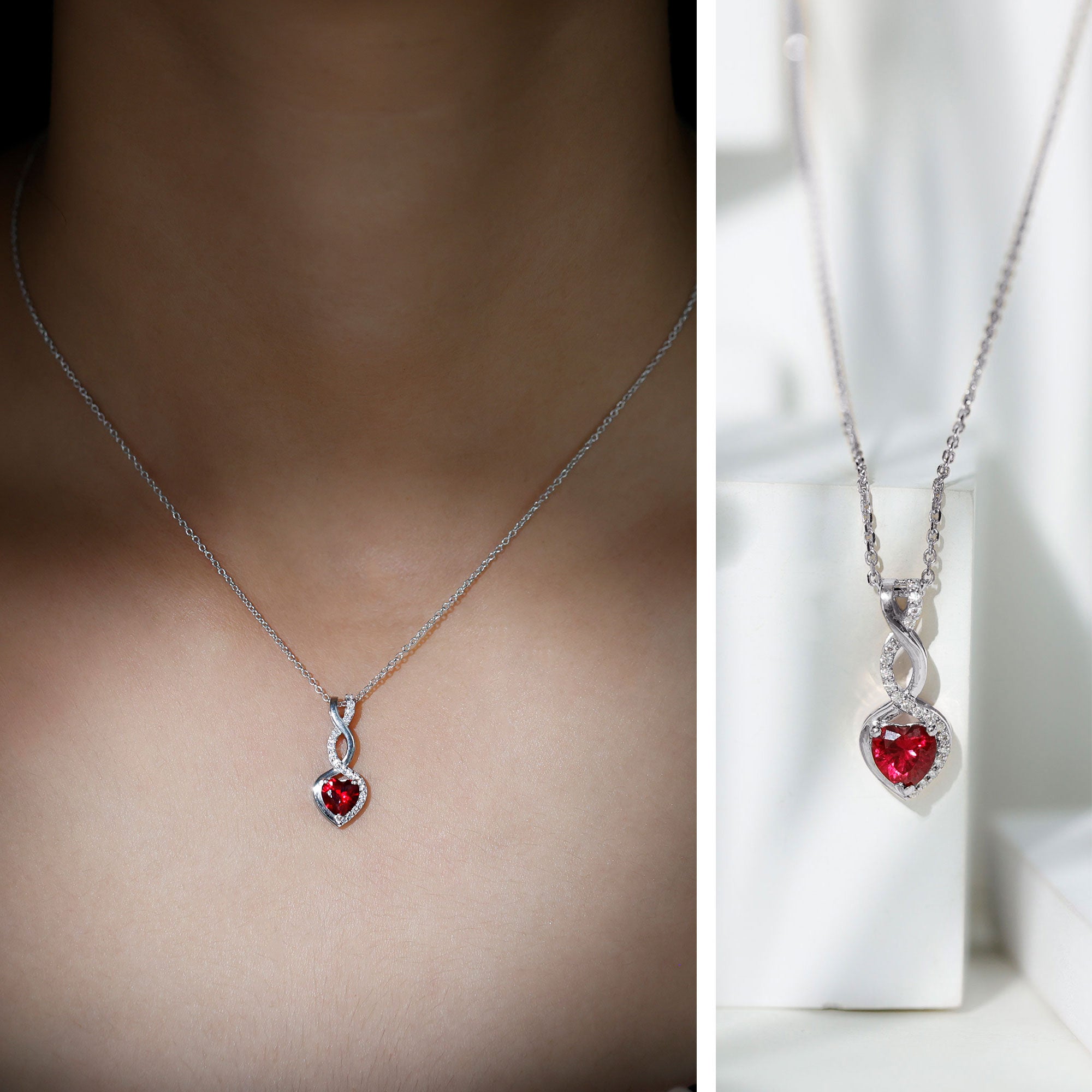 1 Carat Lab Grown Ruby Heart and Infinity Necklace with Silver Chain AAAA 92.5 Sterling Silver - Rosec Jewels