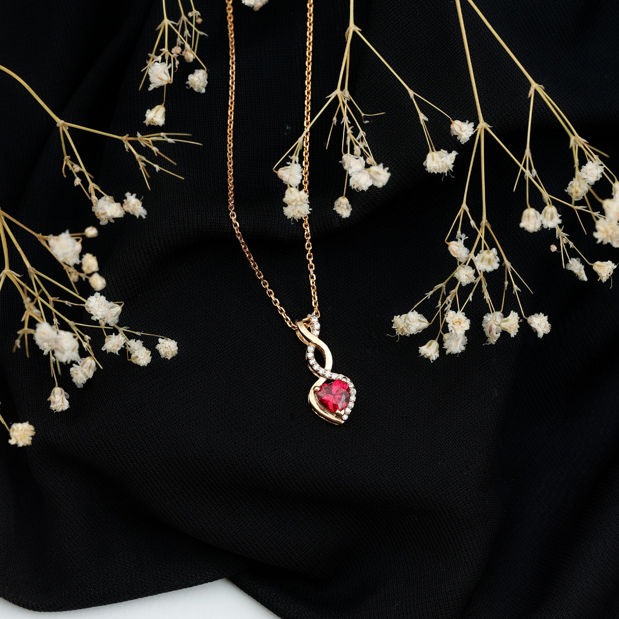 1 Carat Lab Grown Ruby Heart and Infinity Necklace with Silver Chain AAAA 14K Yellow Gold Plated Silver - Rosec Jewels