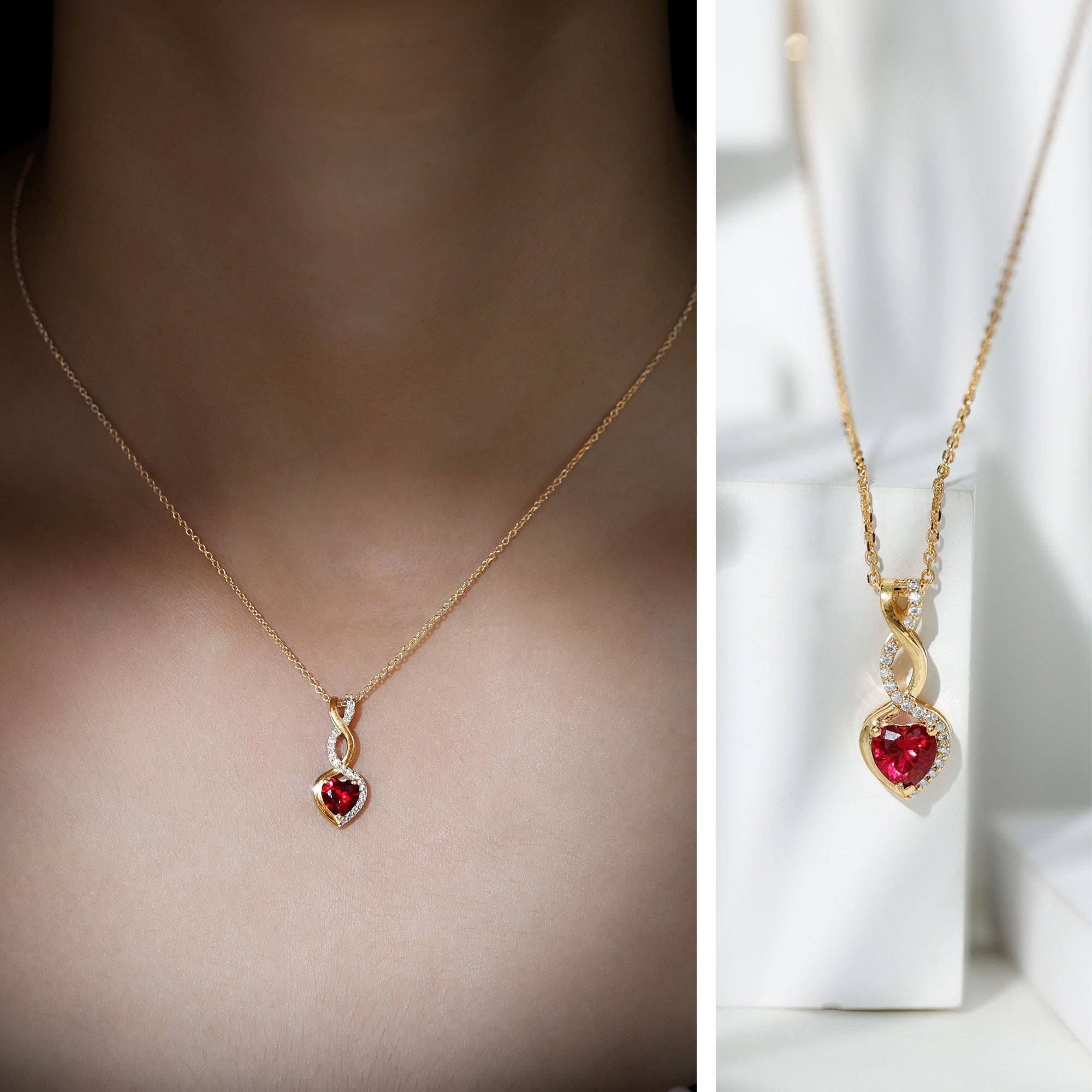 1 Carat Lab Grown Ruby Heart and Infinity Necklace with Silver Chain AAAA 14K Yellow Gold Plated Silver - Rosec Jewels