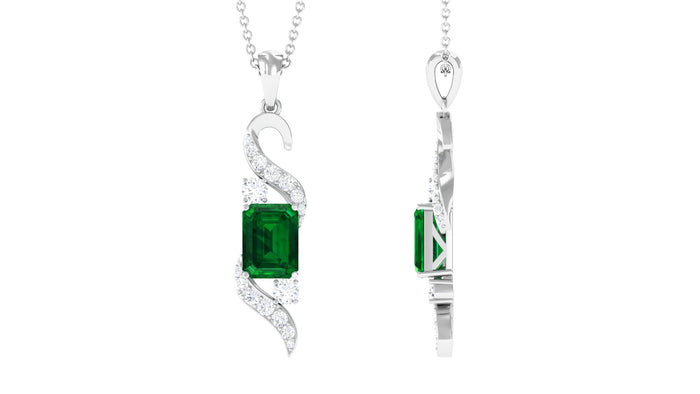 2.25 CT Octagon Cut Created Emerald Designer Drop Pendant with Diamond