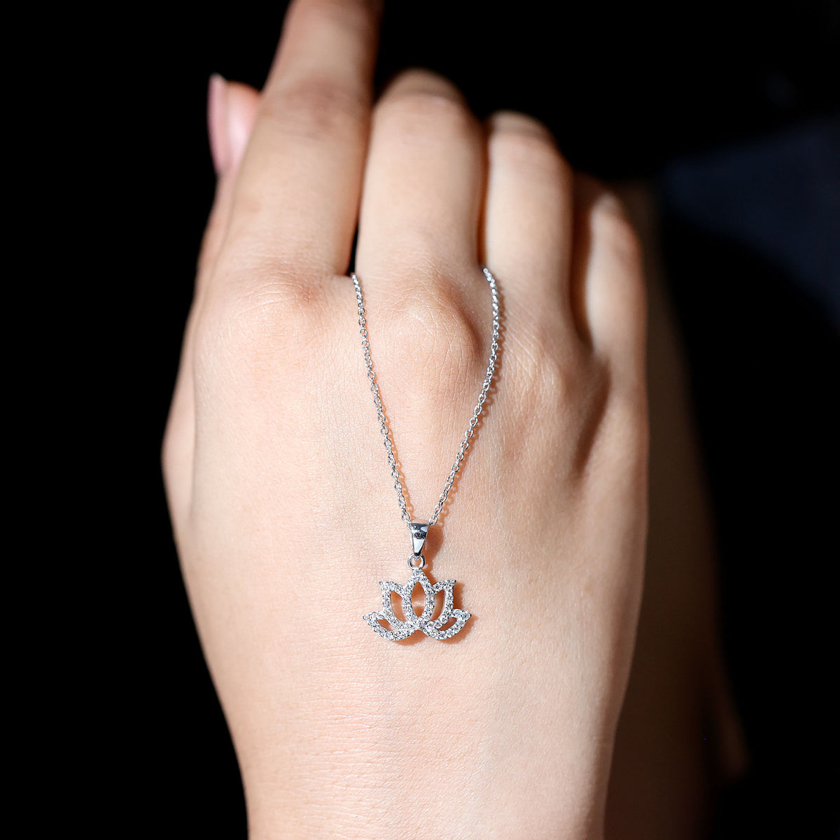 Diamond Lotus Flower Necklace in Pave Setting Natural - ( HI-SI ) - Rosec Jewels