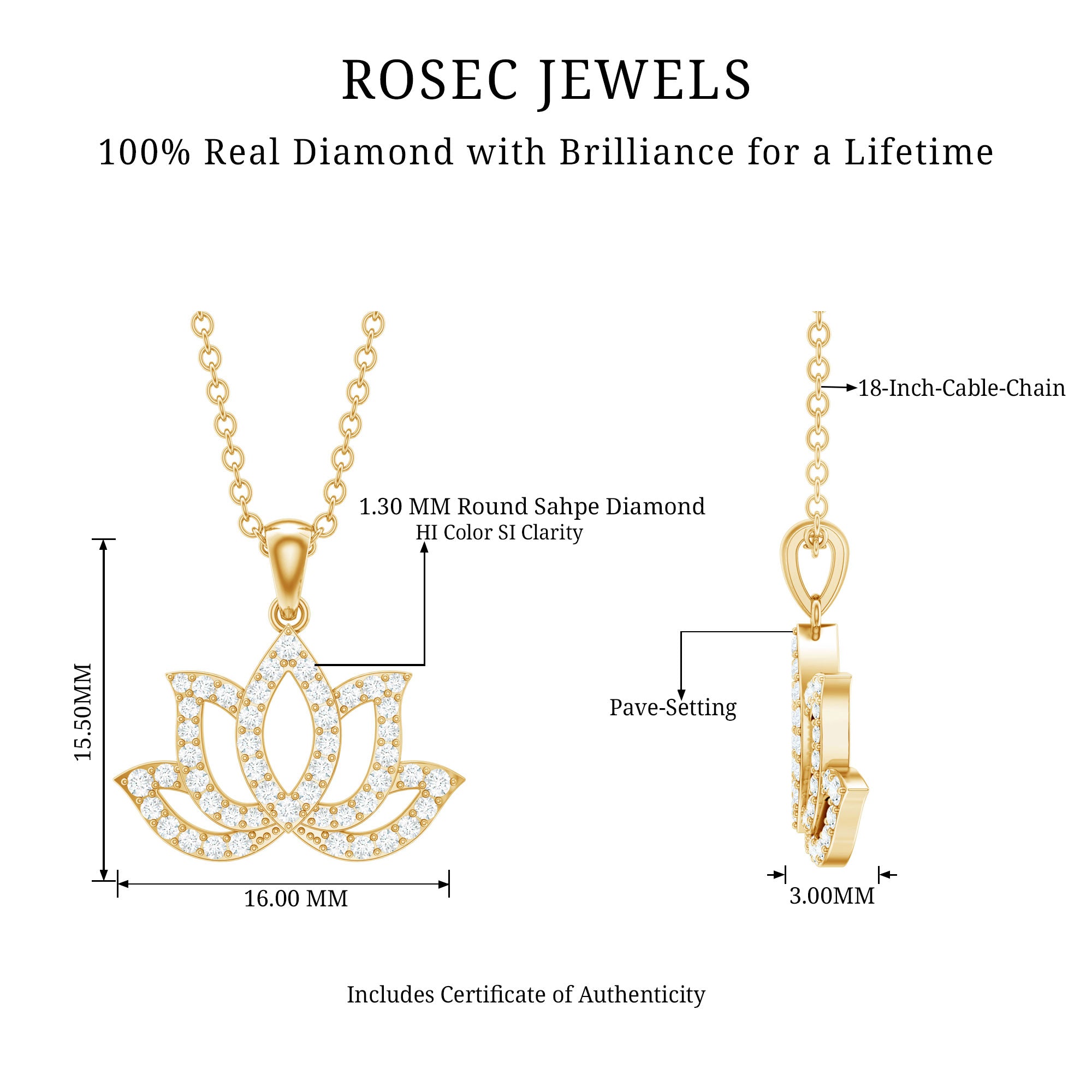 Diamond Lotus Flower Necklace in Pave Setting Natural - ( HI-SI ) - Rosec Jewels