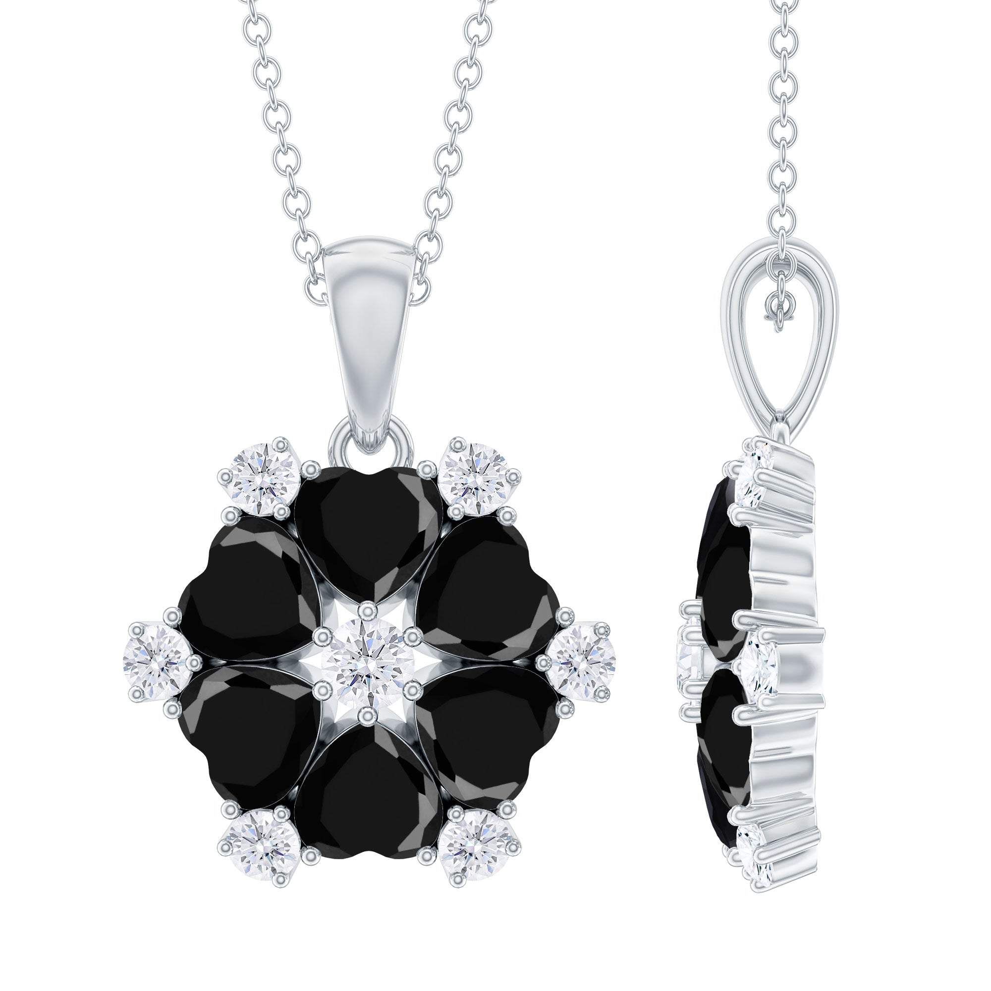 Heart Shaped Black Onyx Flower Pendant with Moissanite AAA 92.5 Sterling Silver - Rosec Jewels