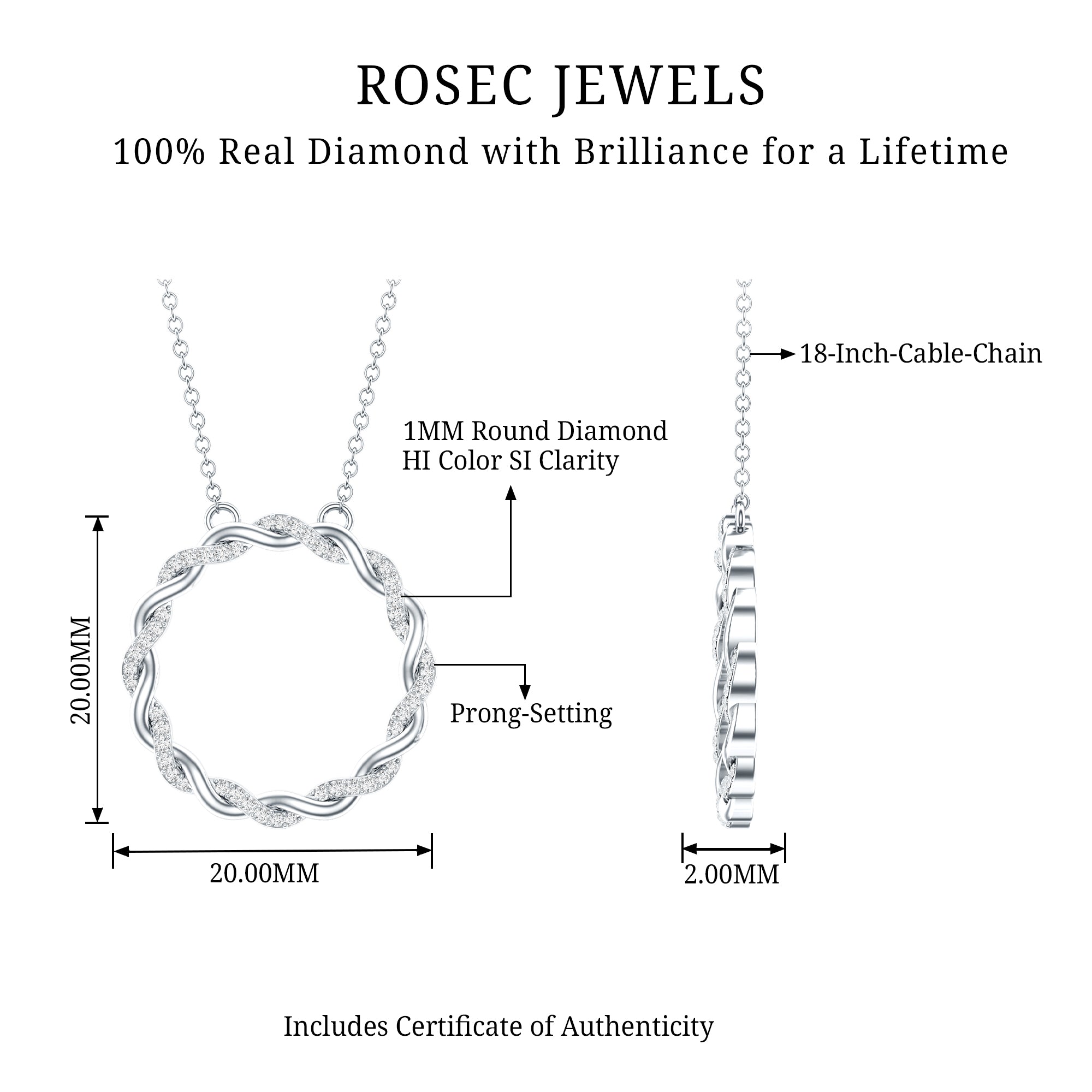Diamond Twisted Eternity Necklace in Pave Setting Natural - ( HI-SI ) - Rosec Jewels
