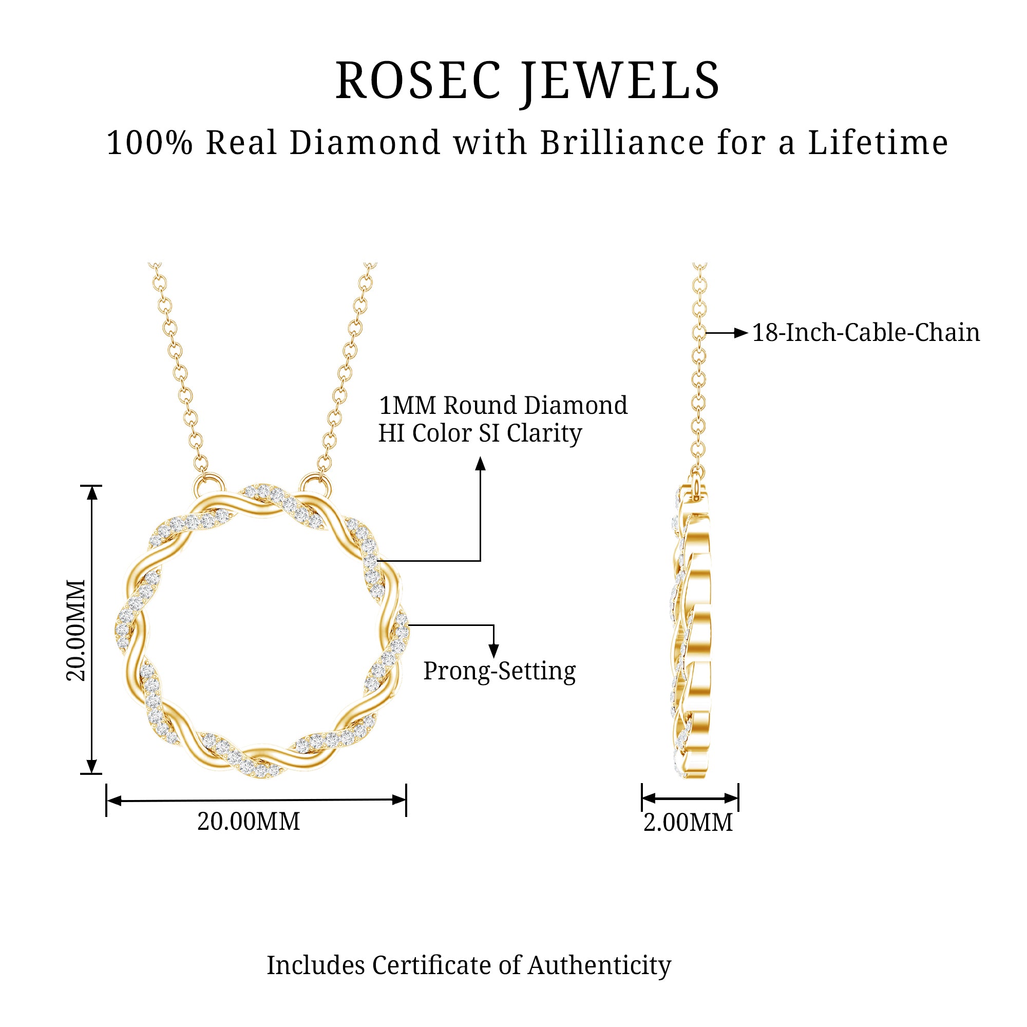 Diamond Twisted Eternity Necklace in Pave Setting Natural - ( HI-SI ) - Rosec Jewels