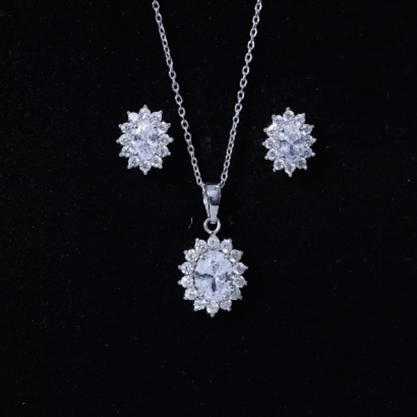 Oval Shaped Cubic Zirconia Halo Pendant and Earrings Set AAAAA 92.5 Sterling Silver - Rosec Jewels