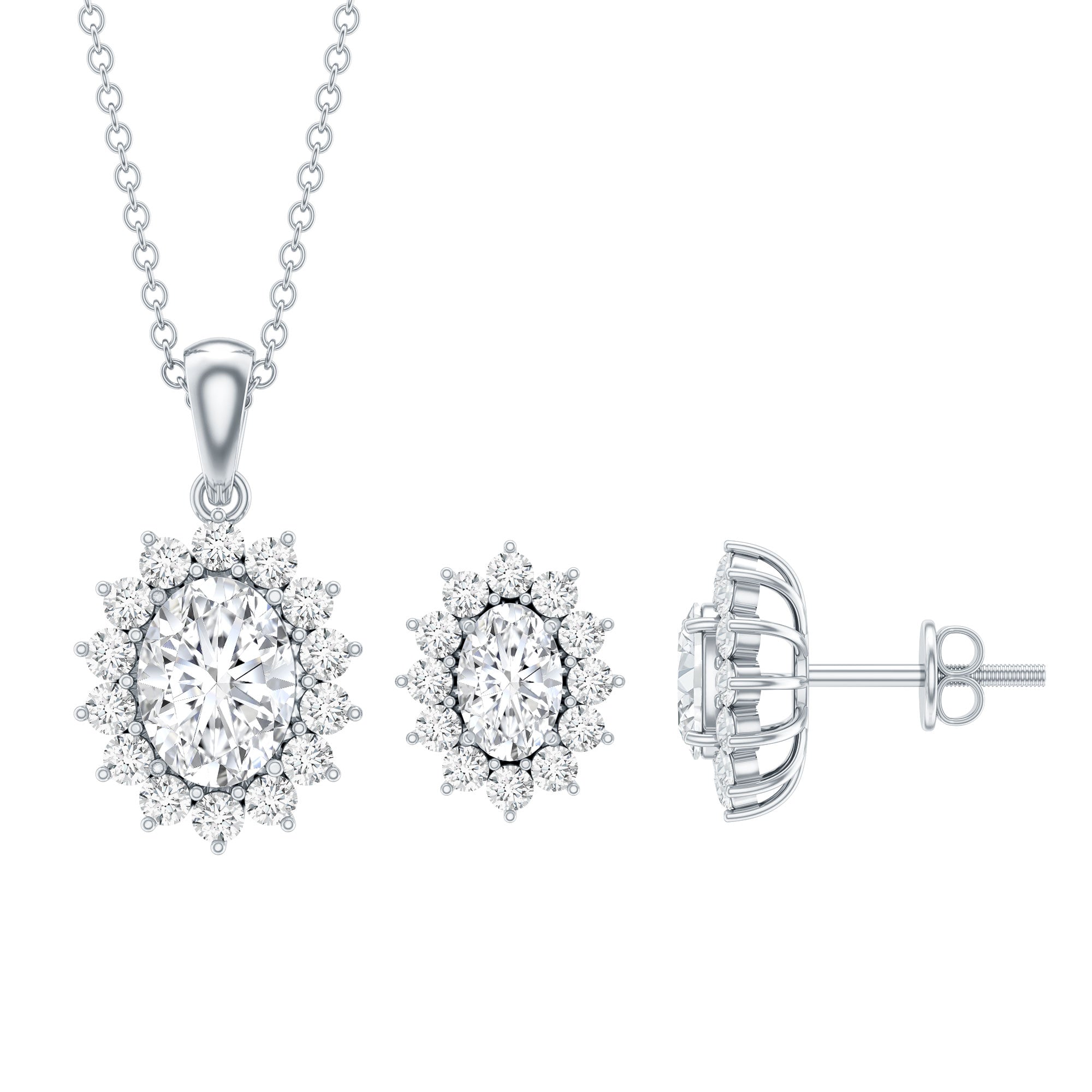 Oval Shaped Cubic Zirconia Halo Pendant and Earrings Set AAAAA 92.5 Sterling Silver - Rosec Jewels