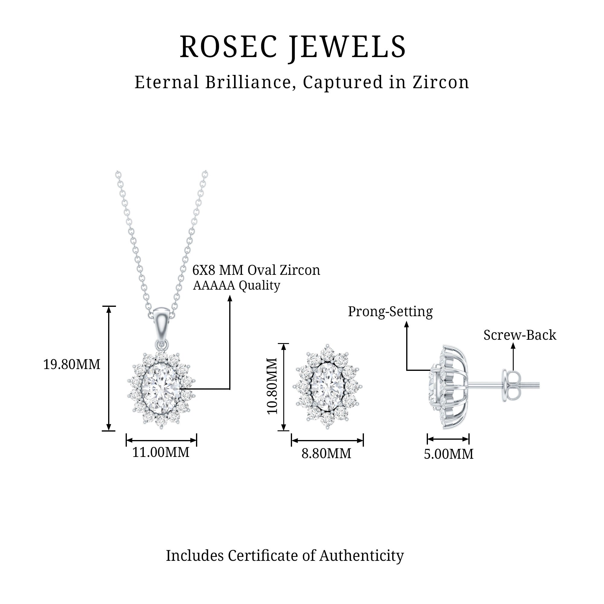 Oval Shaped Cubic Zirconia Halo Pendant and Earrings Set AAAAA 92.5 Sterling Silver - Rosec Jewels