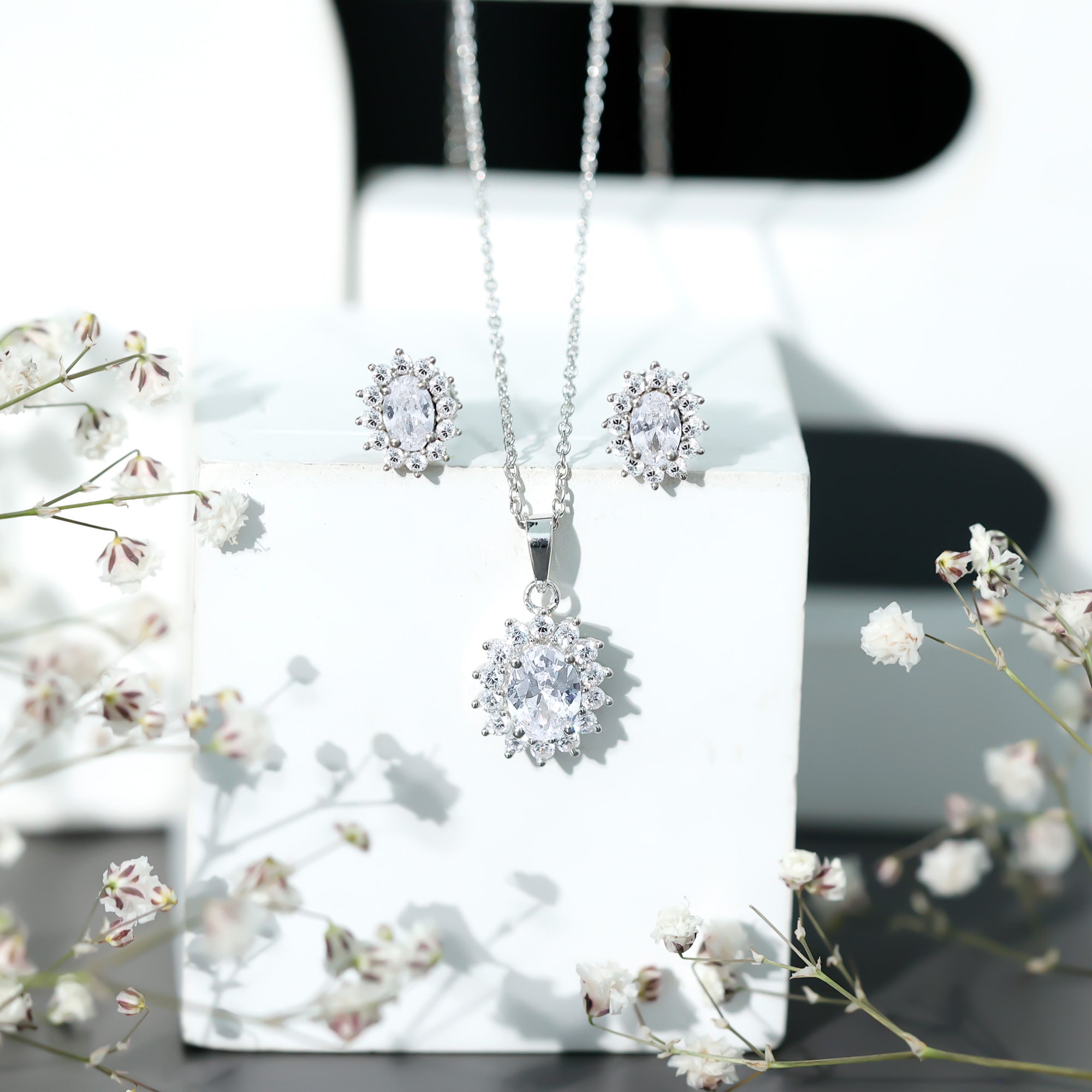 Oval Shaped Cubic Zirconia Halo Pendant and Earrings Set AAAAA 92.5 Sterling Silver - Rosec Jewels