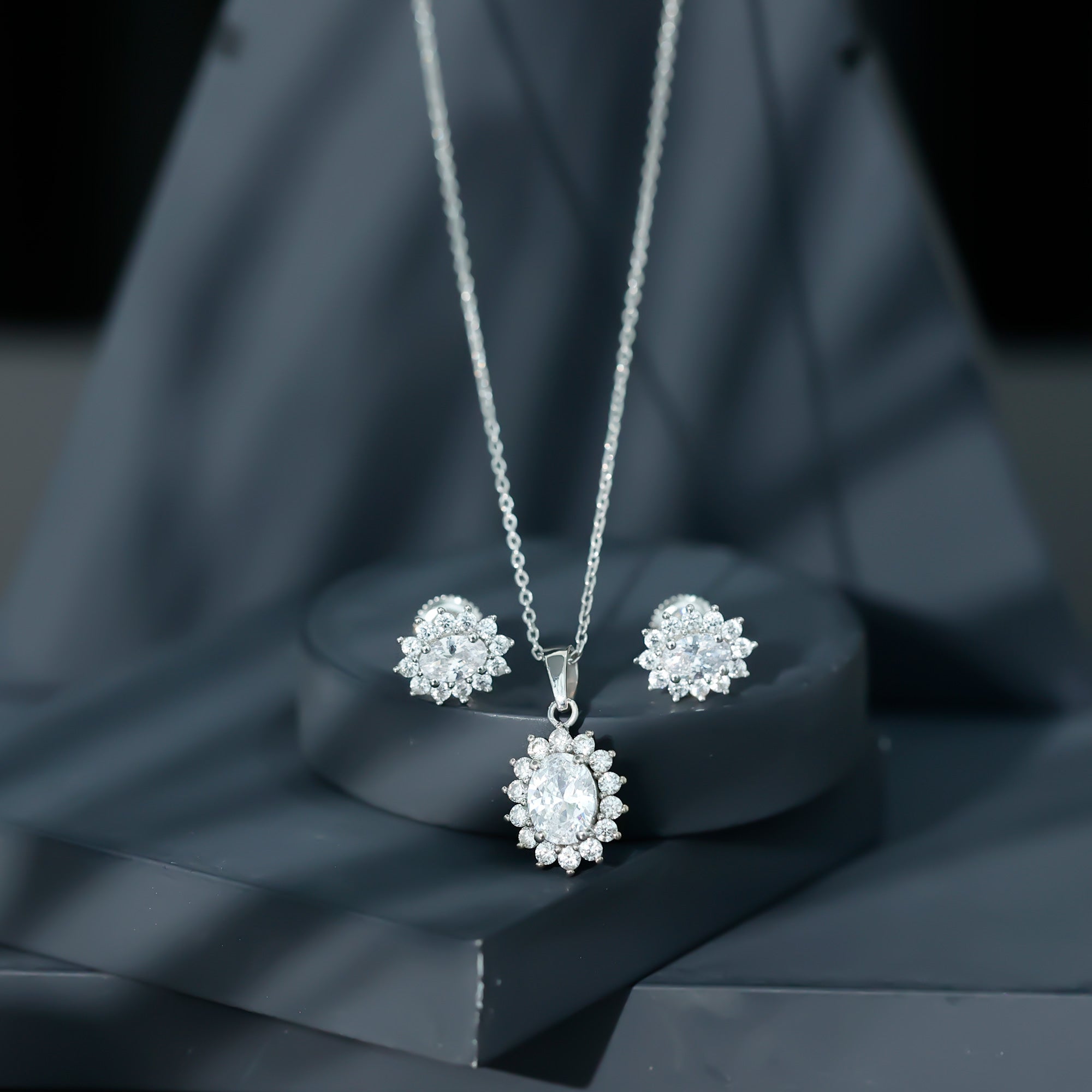 Oval Shaped Cubic Zirconia Halo Pendant and Earrings Set AAAAA 92.5 Sterling Silver - Rosec Jewels