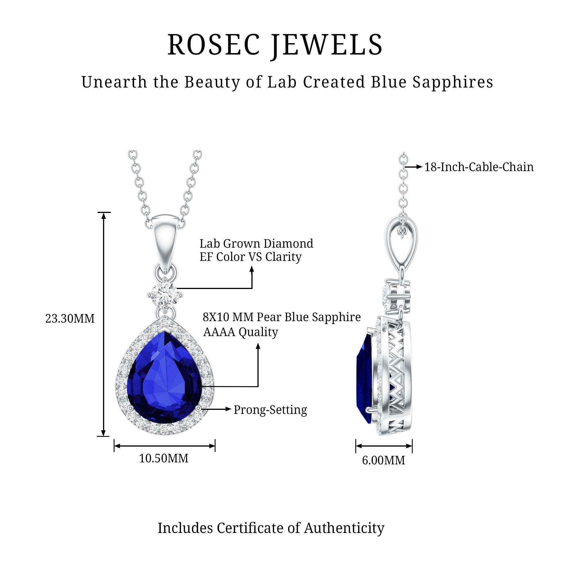Certified 3.3 Carat Lab Grown Blue Sapphire Teardrop Pendant Necklace with Diamond AAAA 92.5 Sterling Silver - Rosec Jewels
